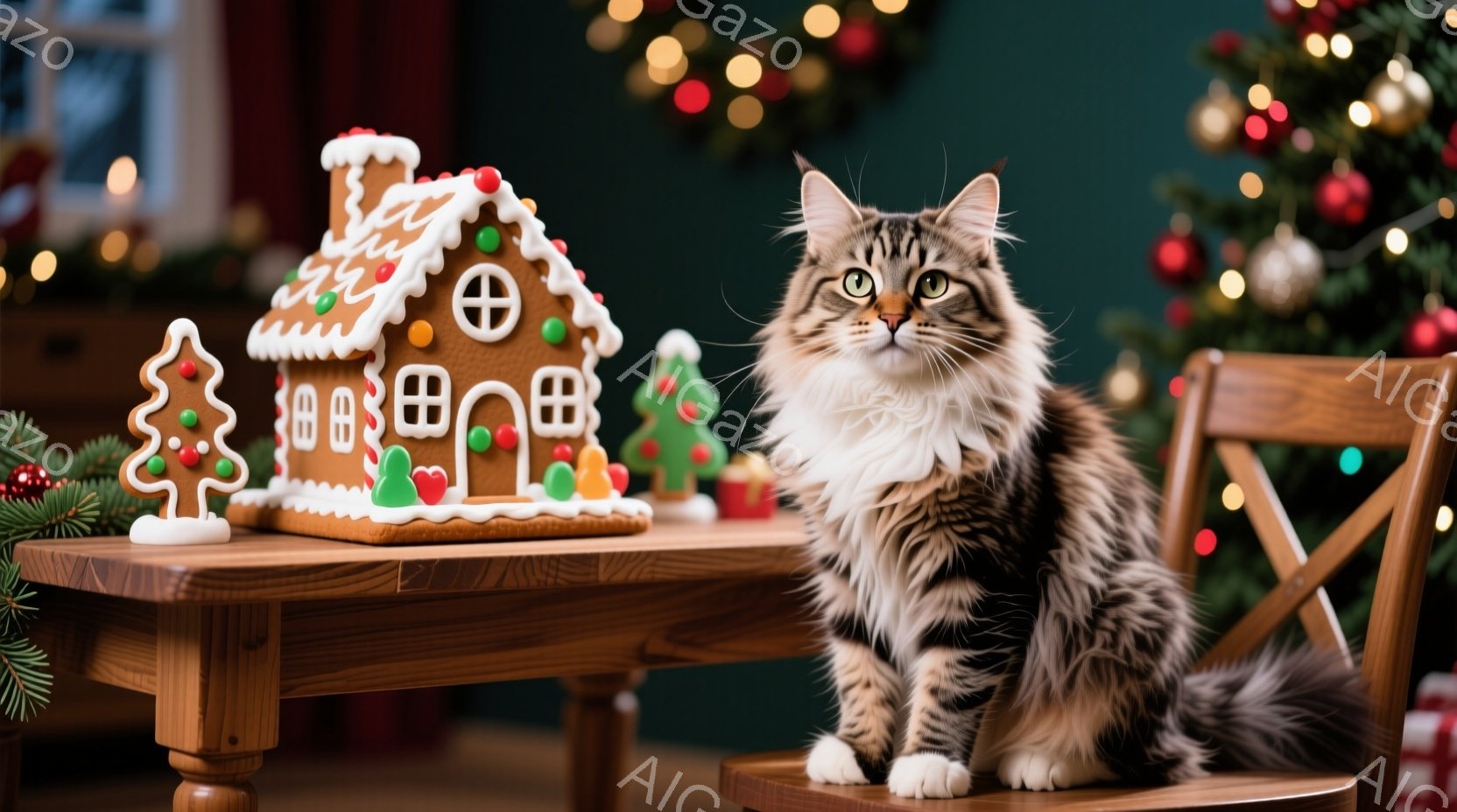 長毛の茶トラ猫が椅子に座り、正面を見つめています。猫の周りにはクリスマスの装飾が施されており、テーブルの上にはジンジャーブレッドハウスと小さなクリスマスツリーが置かれています。背景にはぼやけたクリスマ - AI生成フリー素材