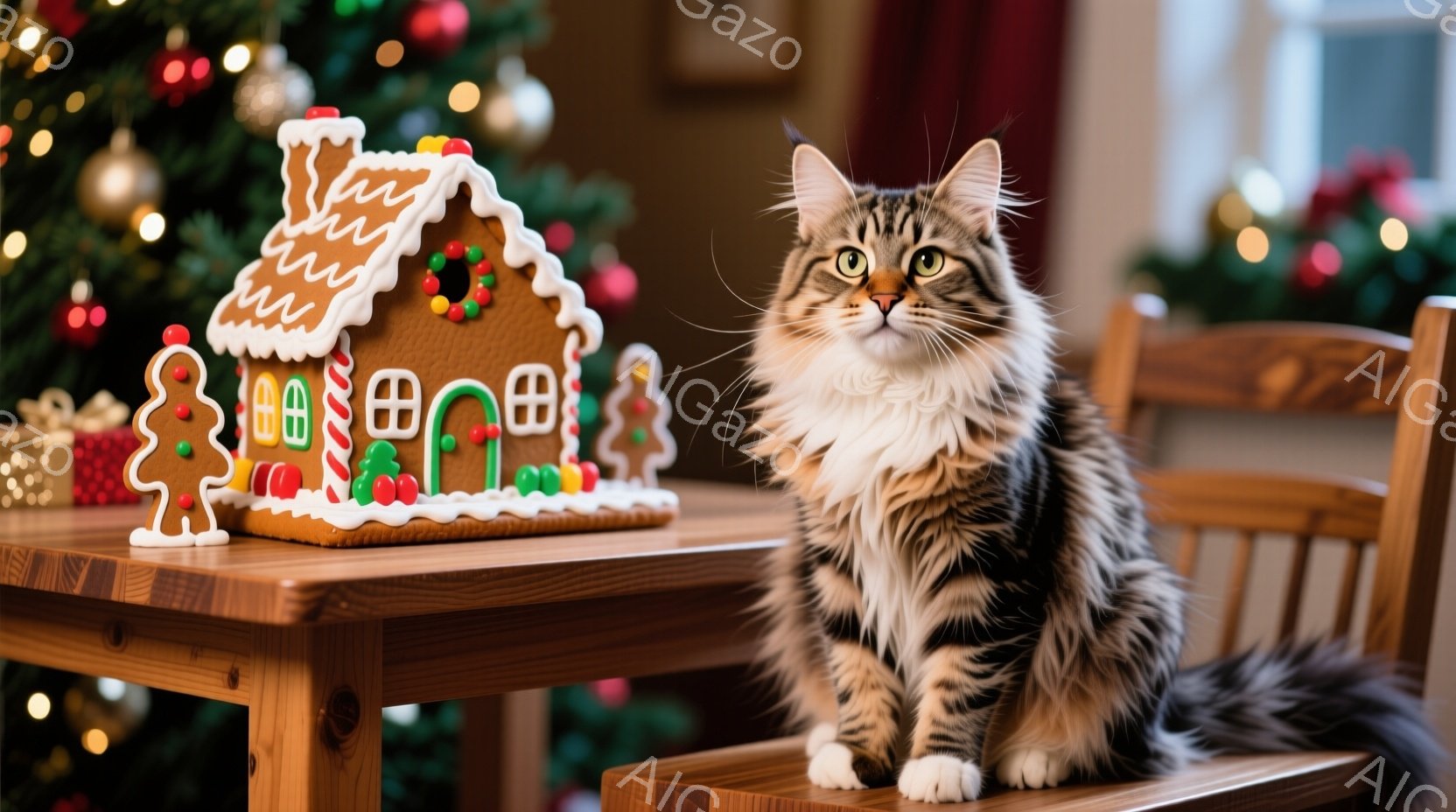 長毛の縞模様の猫が木製の椅子に座り、カメラを見つめている。背景には、クリスマスツリーやジンジャーブレッドハウスのオーナメントが配置され、暖かく、お祝いの雰囲気を醸し出している。猫の毛並みはふさふさとしており、表情は穏やかで、リラックスした様子が伺える。