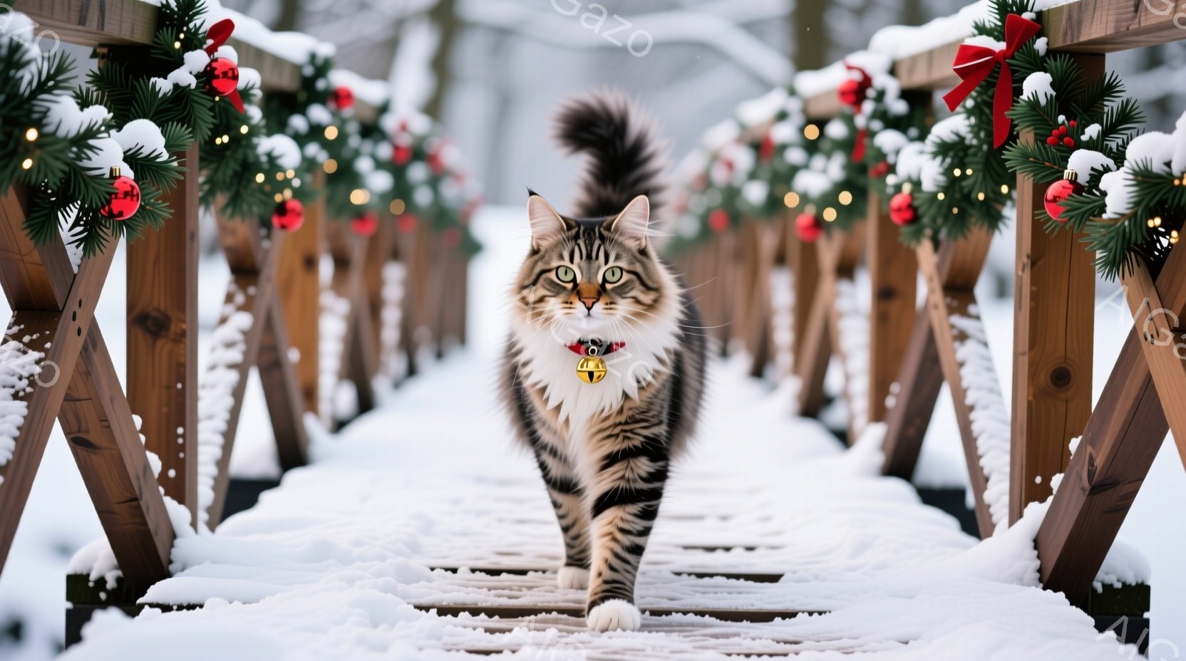 白い雪に覆われた木製の橋を、縞模様の猫が堂々と歩いている。猫は赤い首輪と金のベルを身につけ、自信に満ちた表情で正面を見据えている。背景には、クリスマスの飾りで彩られた橋の側面が続き、冬の穏やかで華やかな雰囲気を醸し出している。