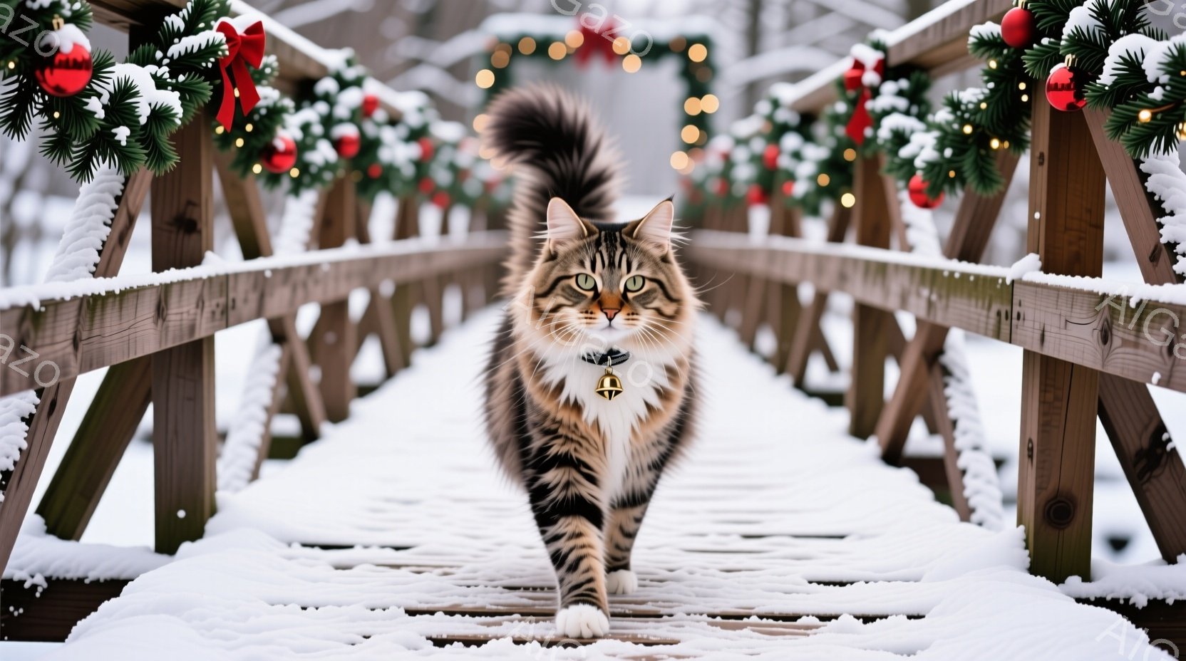 雪に覆われた木製の橋を、美しい縞模様の猫が堂々と歩いている。猫は赤い首輪に小さな金のベルがついており、自信に満ちた表情で正面を見つめている。背景にはクリスマス装飾の緑と赤いオーナメントが飾られたアーチがあり、冬の暖かい雰囲気を醸し出している。