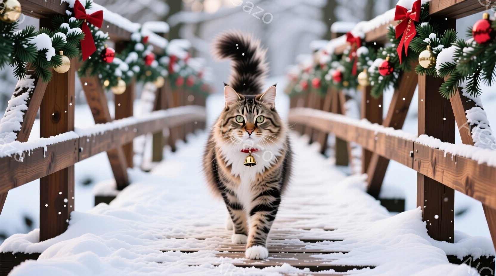 白い雪に覆われた木製の橋の上を、美しい縞模様の猫が悠々と歩いている。赤い首輪と鈴がアクセントとなり、自信に満ちた表情で正面を見つめている。橋の欄干には、クリスマスらしい装飾が施され、雪が舞う冬の穏やか - AI生成フリー素材