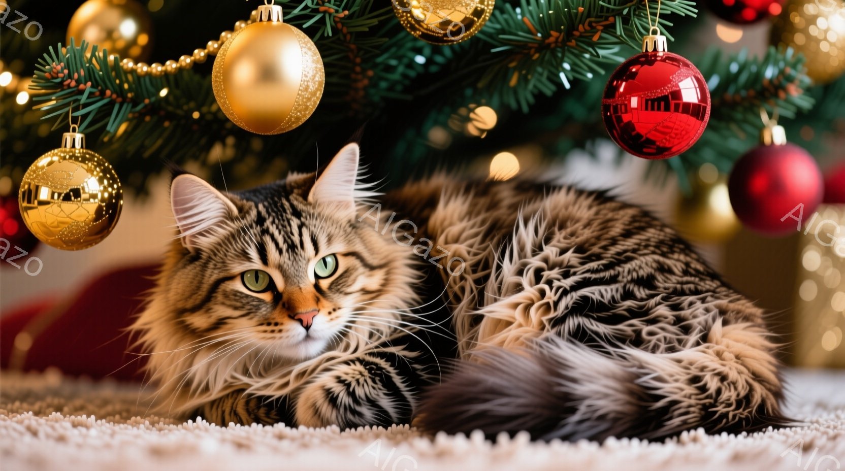 長毛の縞模様の猫が、クリスマスの飾りのあるカーペットの上に横たわっています。猫は緑色の目を持ち、リラックスした表情でカメラの方を見ています。背景にはクリスマスツリーの緑の枝と、金と赤のオーナメントが見え、暖かくお祝いの雰囲気が漂っています。