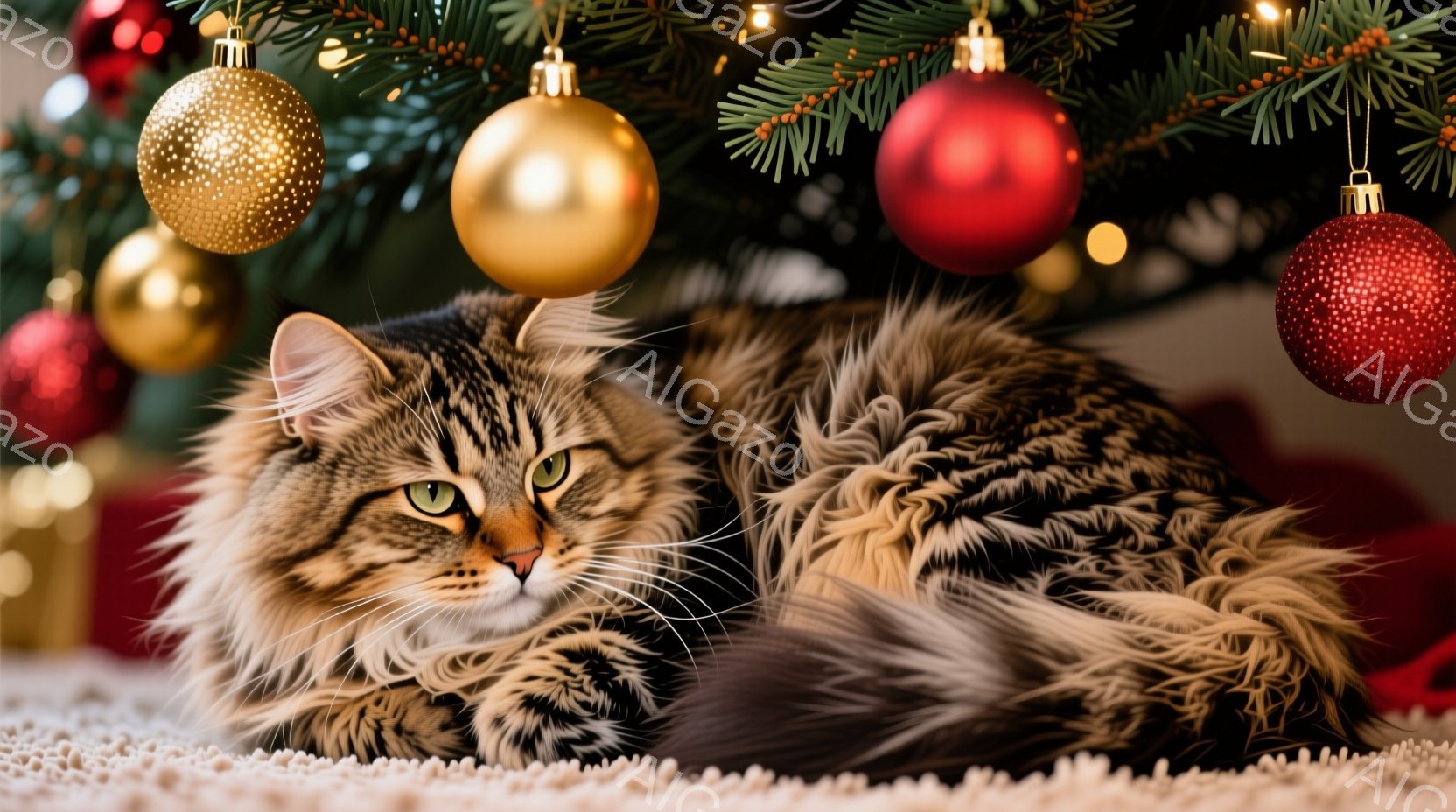 縞模様の大きな猫が、カーペットの上に丸まって横たわっています。背景にはクリスマスツリーが飾られており、赤や金のオーナメントが輝いています。猫は緑色の目を持ち、リラックスした表情で暖かく、落ち着いた雰囲 - AI生成フリー素材
