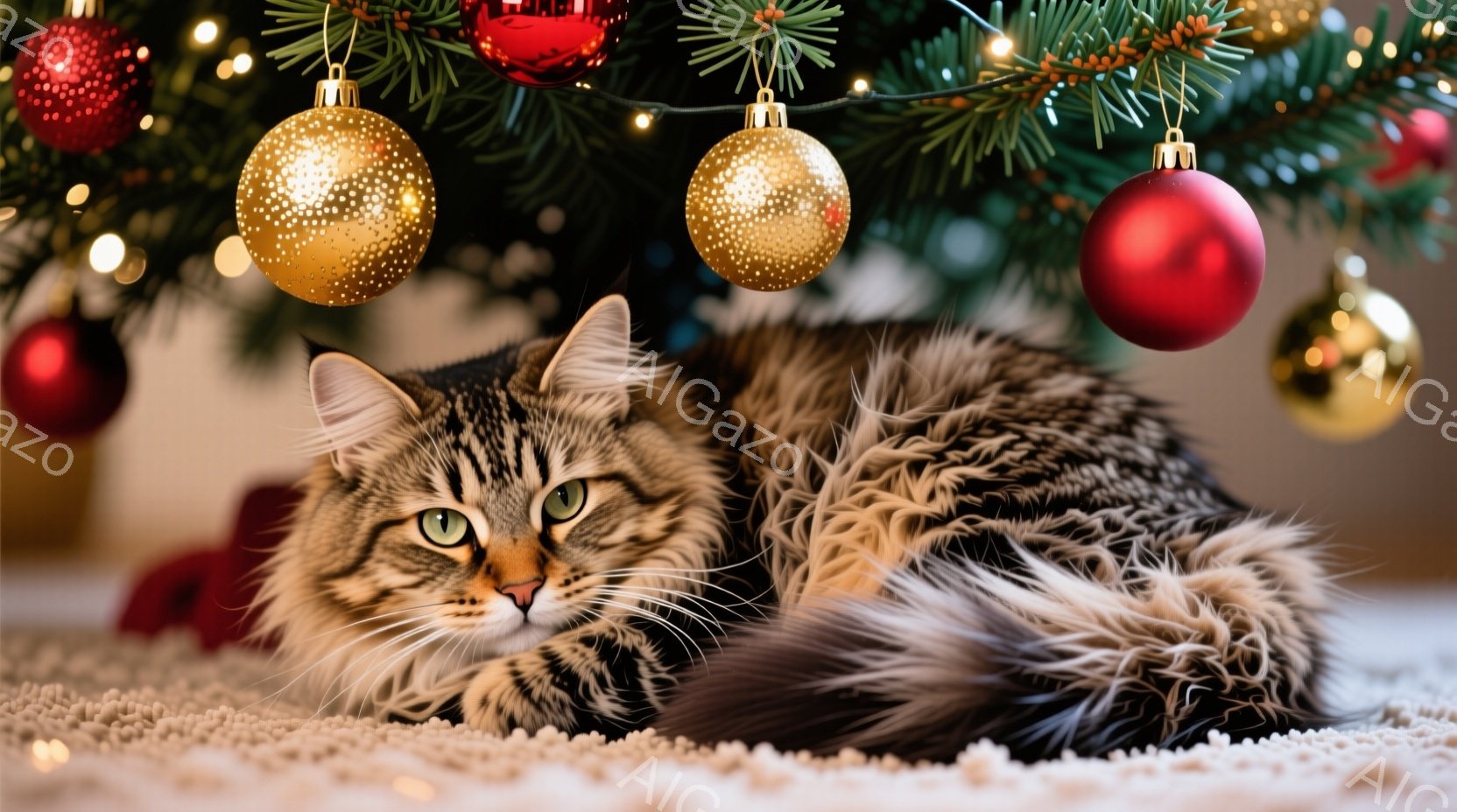 長毛の猫が白いカーペットの上に丸まって横たわっています。背景にはクリスマスツリーの飾りと電飾が見え、暖かい祝祭の雰囲気が漂っています。猫は緑色の瞳でこちらを見つめ、リラックスした表情をしています。