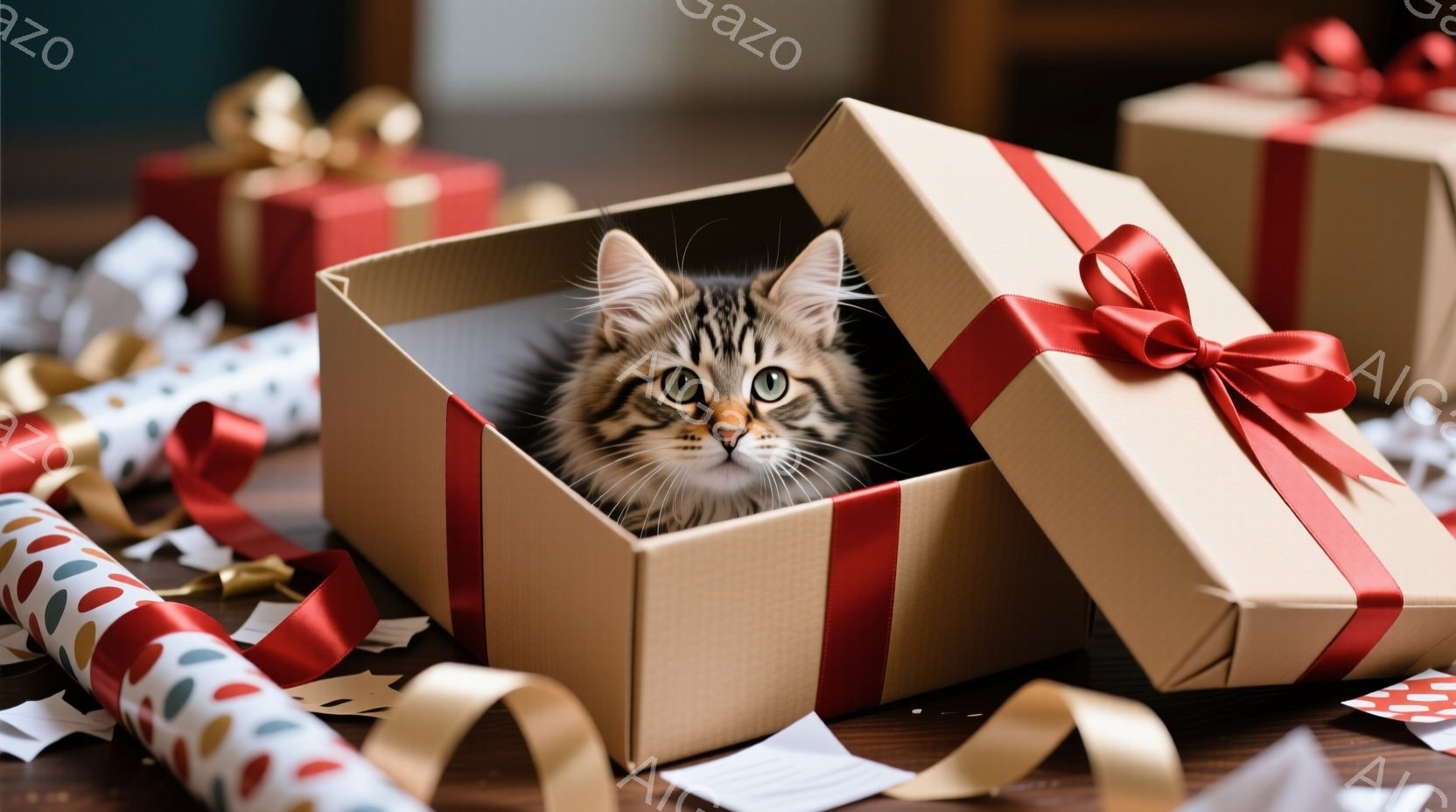 茶色のギフトボックスの中に、縞模様の猫が顔を出しています。猫は好奇心旺盛な表情で、大きな緑色の目でカメラを見つめています。背景には、開けられたギフトの包装紙が散らばっており、お祝いムードが漂っています - AI生成フリー素材