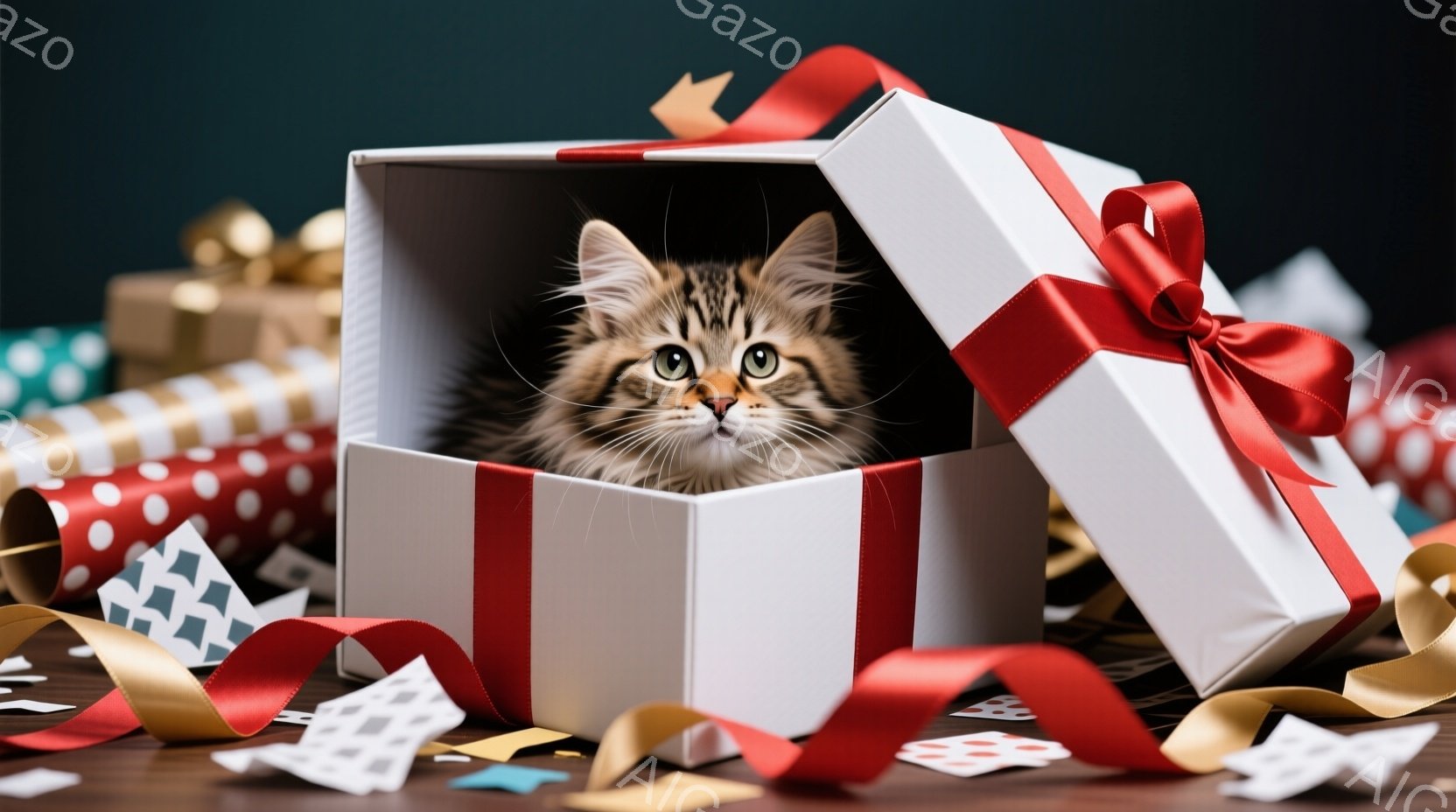 白いギフトボックスの中に、縞模様の小さな子猫が顔を覗かせています。赤いリボンがボックスに結ばれており、周囲には様々な色や模様の包装紙が散らばっています。温かく、遊び心のある雰囲気が感じられ、お祝いの場 - AI生成フリー素材
