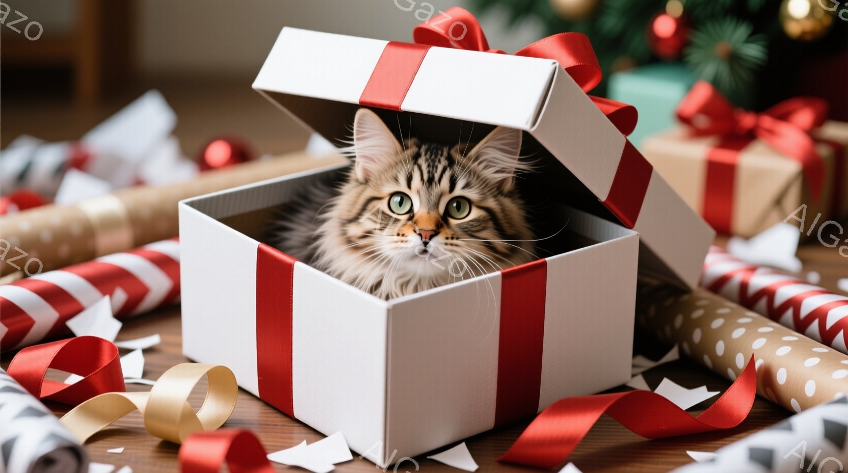 白いギフトボックスの中に、縞模様の小さな子猫が丸まって座っています。赤色のリボンが箱に結ばれており、周囲にはカラフルな包装紙が散らばっています。子猫は好奇心旺盛な表情でこちらを見ており、全体的に温かく - AI生成フリー素材