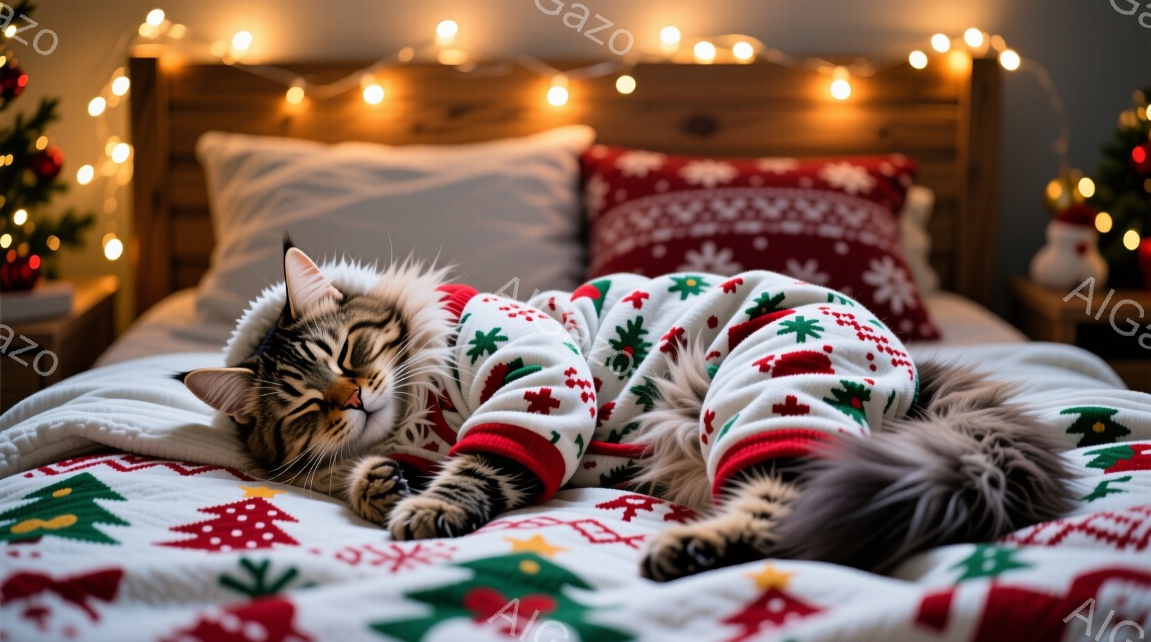 茶色と黒の縞模様の猫が、クリスマス柄のセーターと赤い靴下を身につけてベッドの上で仰向けに寝ています。背景には、クリスマスツリーや装飾がぼやけて見え、温かみのある光が全体を包んでいます。リラックスした雰 - AI生成フリー素材