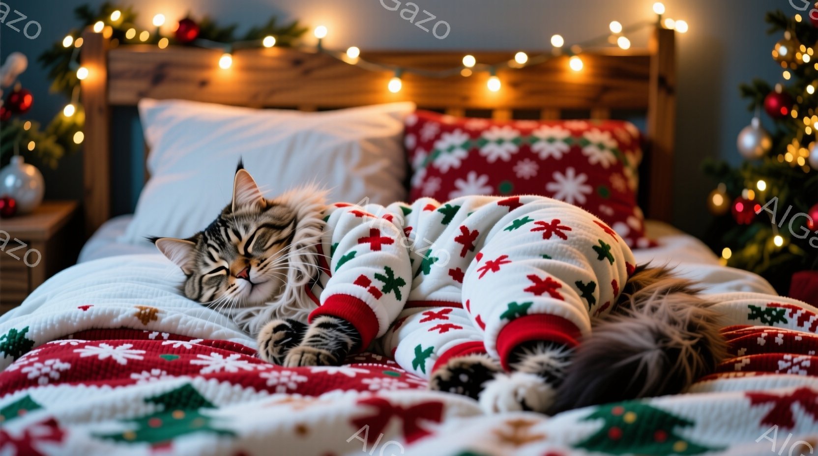 白地に赤と緑のクリスマス柄のパジャマを着た猫が、白いベッドの上で仰向けになって眠っています。猫はリラックスした表情で、毛並みは柔らかく、背景にはクリスマスツリーやイルミネーションが飾られ、暖かく居心地 - AI生成フリー素材