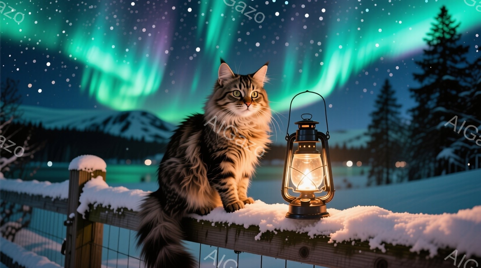 長毛の縞模様の猫が雪に覆われた木製の柵の上に座り、遠くの山々を見つめている。背景には、緑と紫のオーロラが夜空に広がり、雪景色と相まって幻想的な雰囲気を醸し出している。 柵の隣には、温かい光を放つ古いラ - AI生成フリー素材
