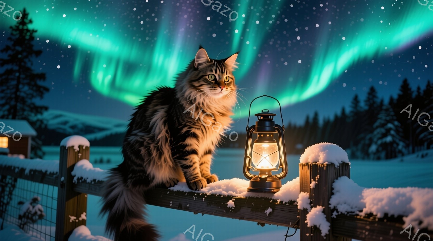 長毛の茶トラ猫が雪に覆われた木製の柵の上に座り、遠くに見えるオーロラを眺めている。傍らには暖かく光るランタンが置かれ、雪景色と夜空の美しいコントラストを作り出している。背景には木々が立ち並び、静かで幻 - AI生成フリー素材