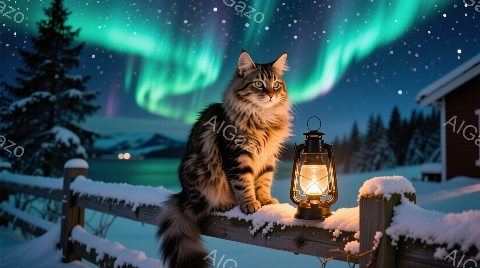 ふわふわの毛並みを持つ茶トラ猫が、クリスマスの飾りで彩られた籠の中にゆったりと横たわっています。猫は緑色の目を輝かせ、こちらを見つめており、リラックスした表情を浮かべています。背景にはクリスマスツリー - AI生成フリー素材