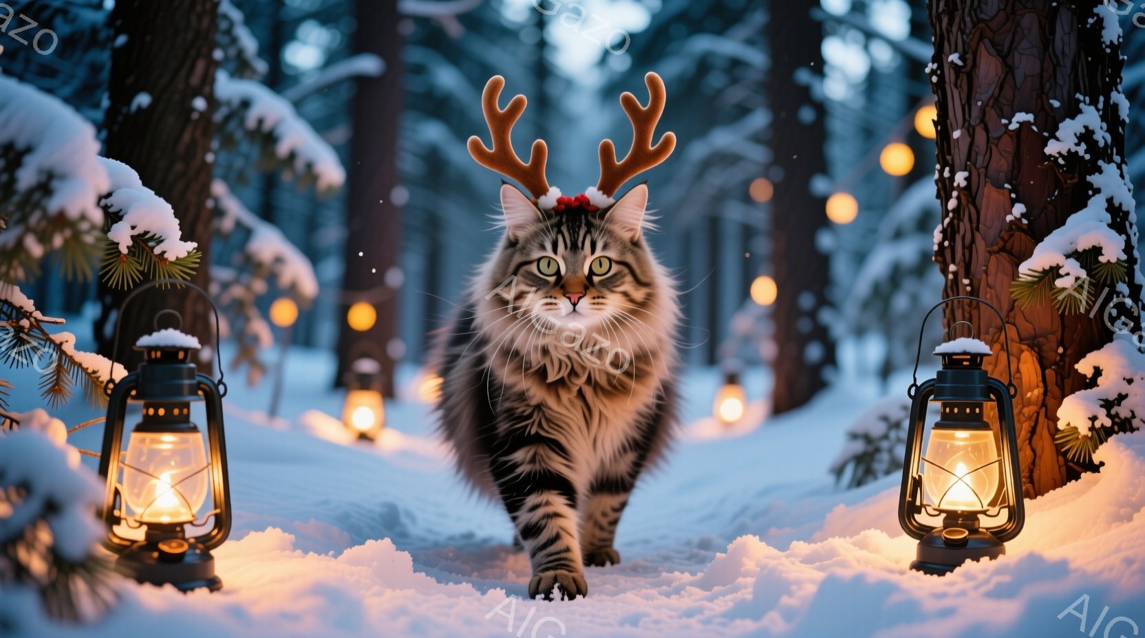 縞模様の大きな猫が、角のような飾りを頭に乗せて雪の中をまっすぐこちらに向かって歩いてくる。背景には雪に覆われた木々と、ぼんやりと光るランタンが並び、冬の夜の静かで幻想的な雰囲気を醸し出している。猫の表 - AI生成フリー素材