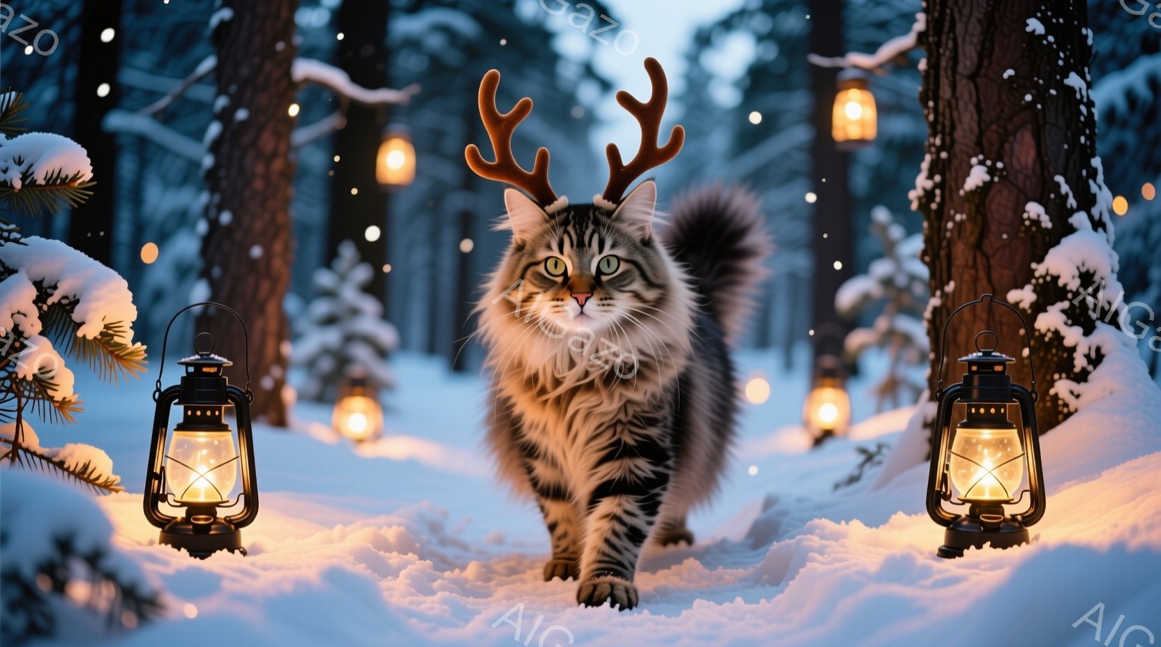 縞模様の大きな猫が雪の中を歩いている。頭には角が生えており、まるで冬の森の精のような姿をしている。背景には雪に覆われた木々と、暖かく光るランタンが点在し、幻想的な雰囲気を醸し出している。 - AI生成フリー素材