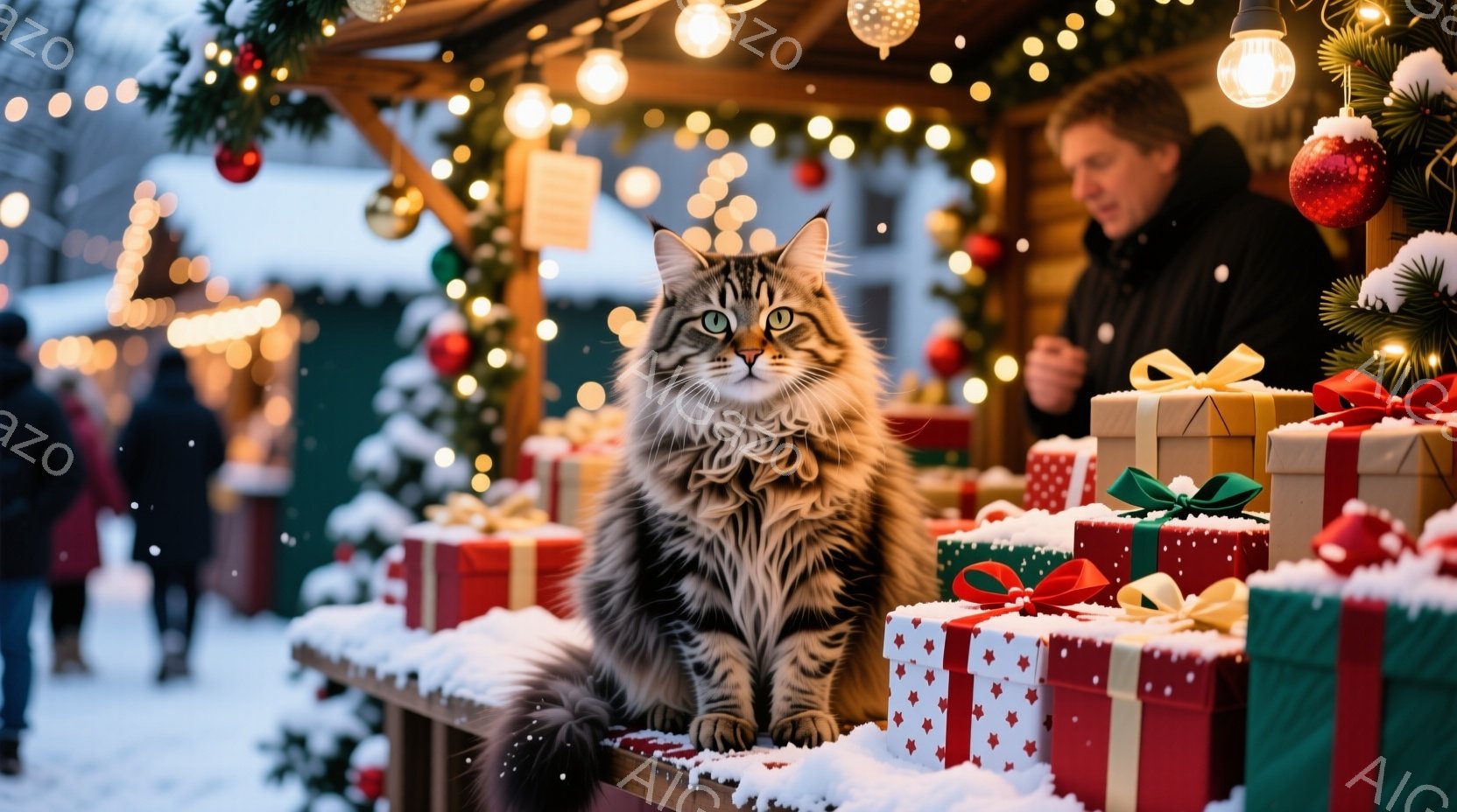 長毛の灰色と茶色の縞模様の猫が、クリスマスプレゼントの山の上に座っています。背景には、クリスマスの飾り付けがされた屋台と、ぼやけた人影、そして雪が舞う冬の景色が見えます。暖かい光と色とりどりのプレゼン - AI生成フリー素材