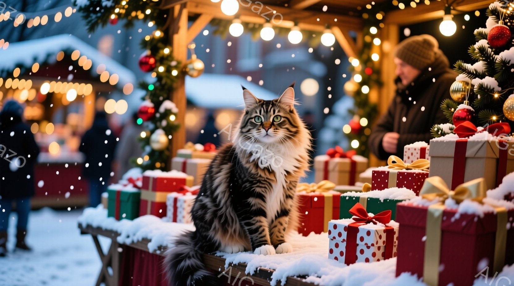 長毛の縞模様の猫が、赤いテーブルクロスが敷かれたプレゼントの山の上に座っています。背景にはクリスマスツリーの飾りと、ぼやけた市場の屋台が見え、雪が舞う冬の様子が伺えます。全体的に温かく、お祝いの雰囲気 - AI生成フリー素材