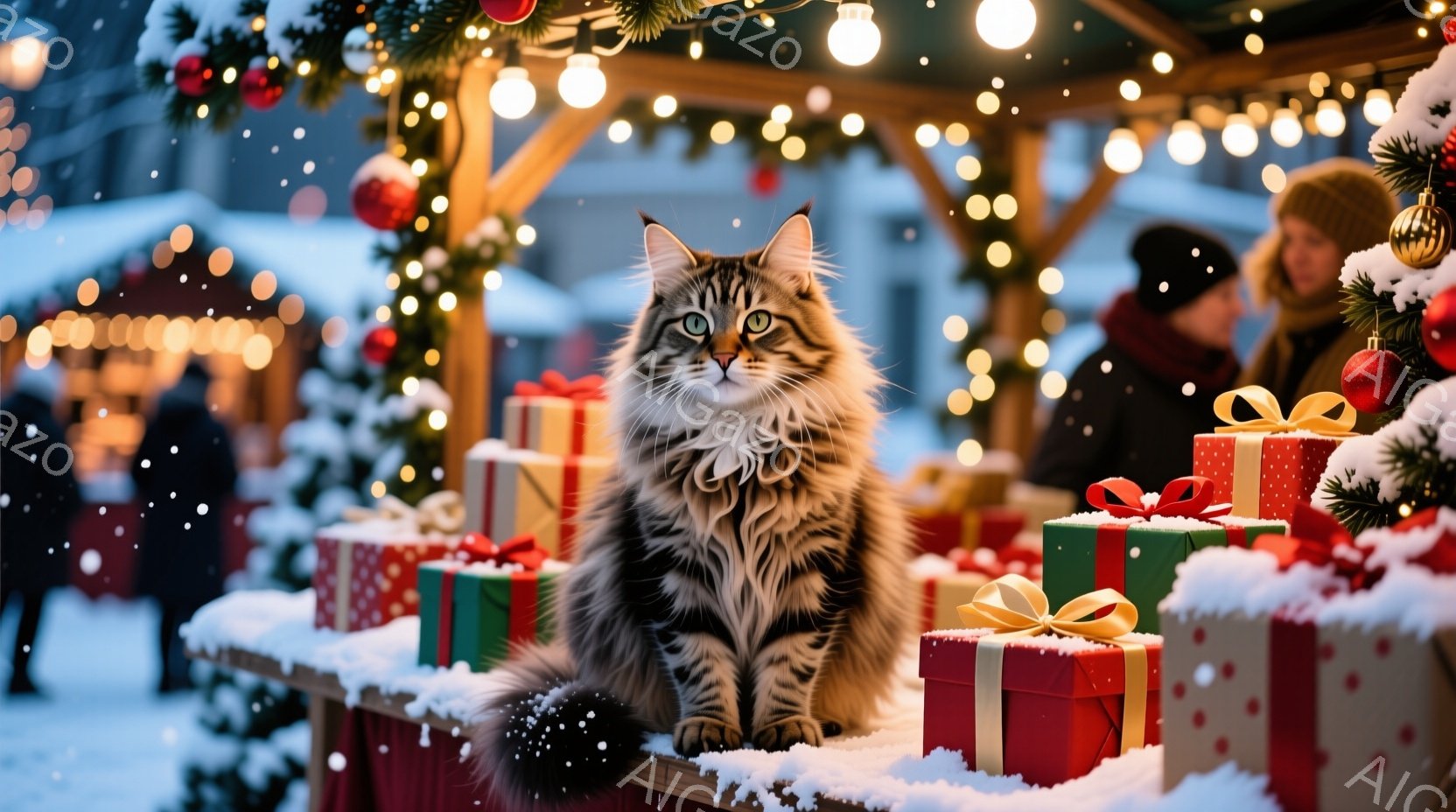 長毛の猫が、赤いリボンで飾られたプレゼントの山の上に座っています。背景には、ぼやけた人影やクリスマスツリー、そしてちらちらと降る雪が見え、温かい光が猫を照らしています。全体的に、冬のクリスマスの温かく - AI生成フリー素材
