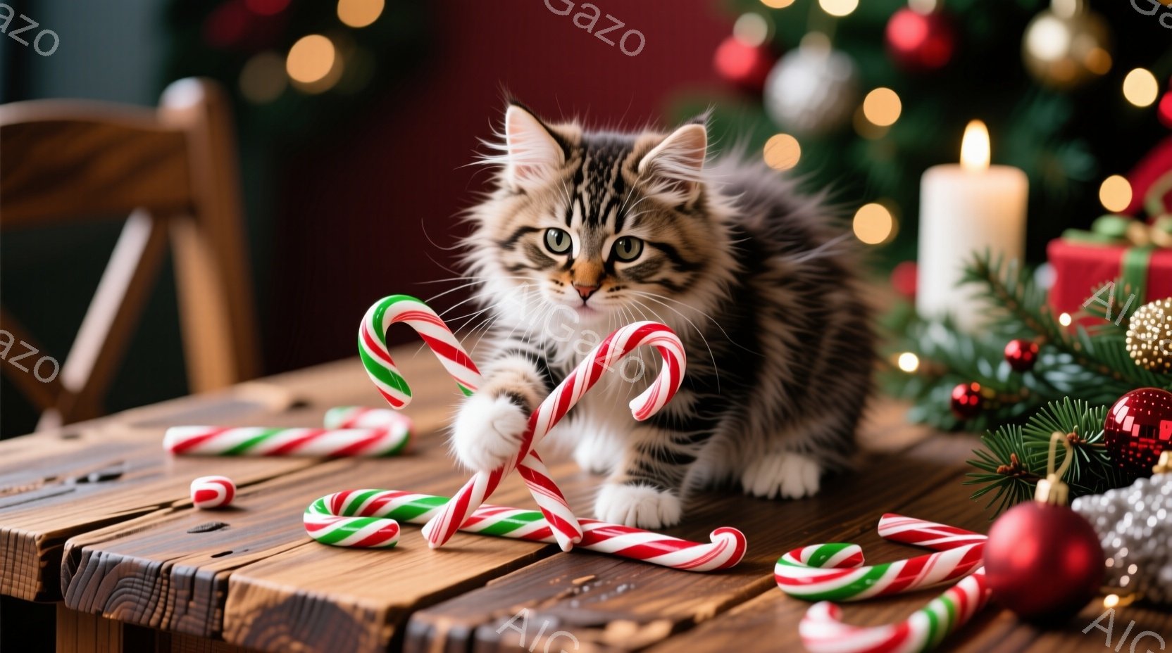 白と黒の縞模様の小さな子猫が、赤いテーブルの上に散らばったキャンディケーンと戯れています。子猫は前足でキャンディケーンを掴み、好奇心と遊び心に満ちた表情でカメラを見つめています。背景にはクリスマスツリ - AI生成フリー素材