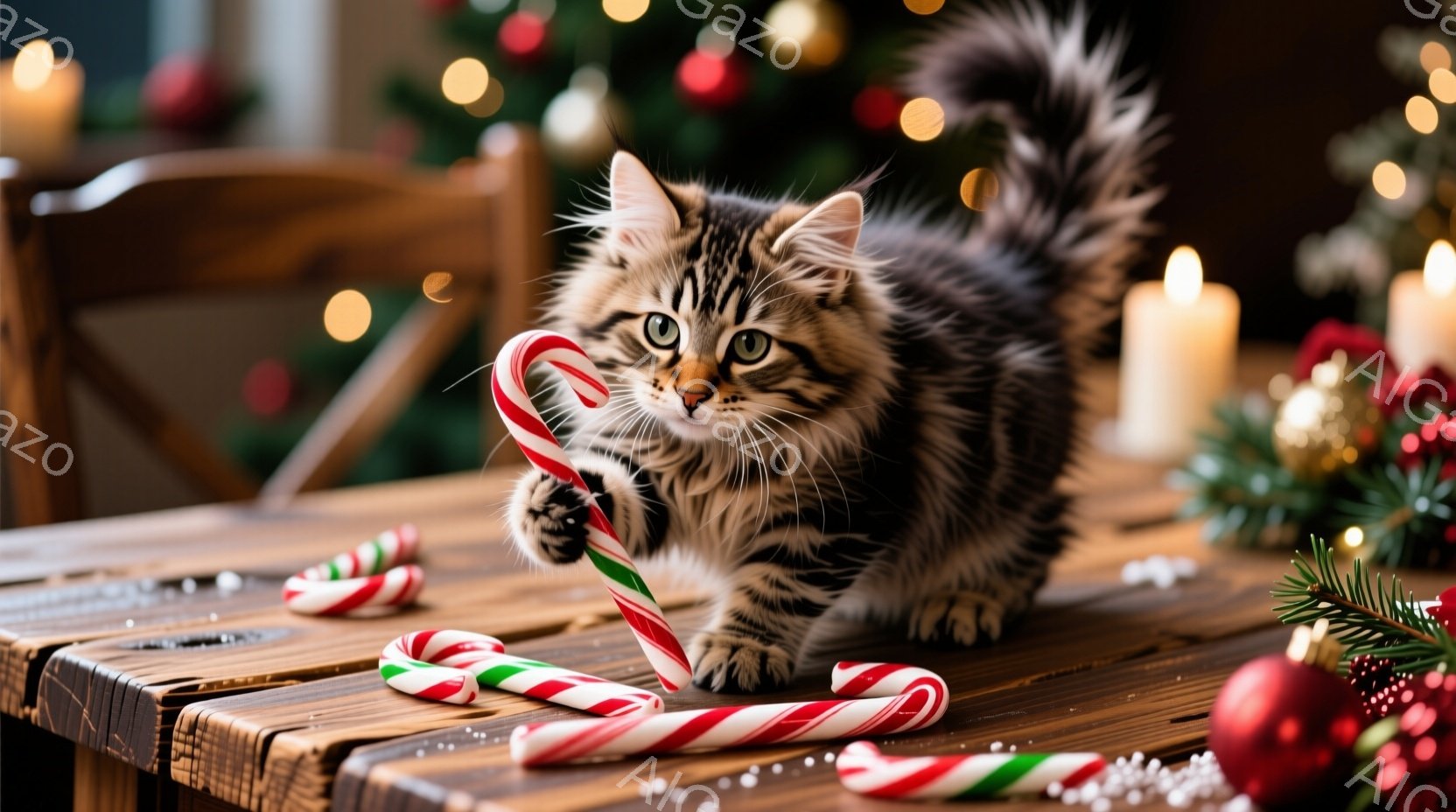 茶色と黒の縞模様の小さな子猫が、クリスマスのキャンディケーンを口にくわえて、木製のテーブルの上を歩いています。背景には、ぼやけたクリスマスツリーと点灯したキャンドルがあり、暖かくお祝いの雰囲気を醸し出 - AI生成フリー素材