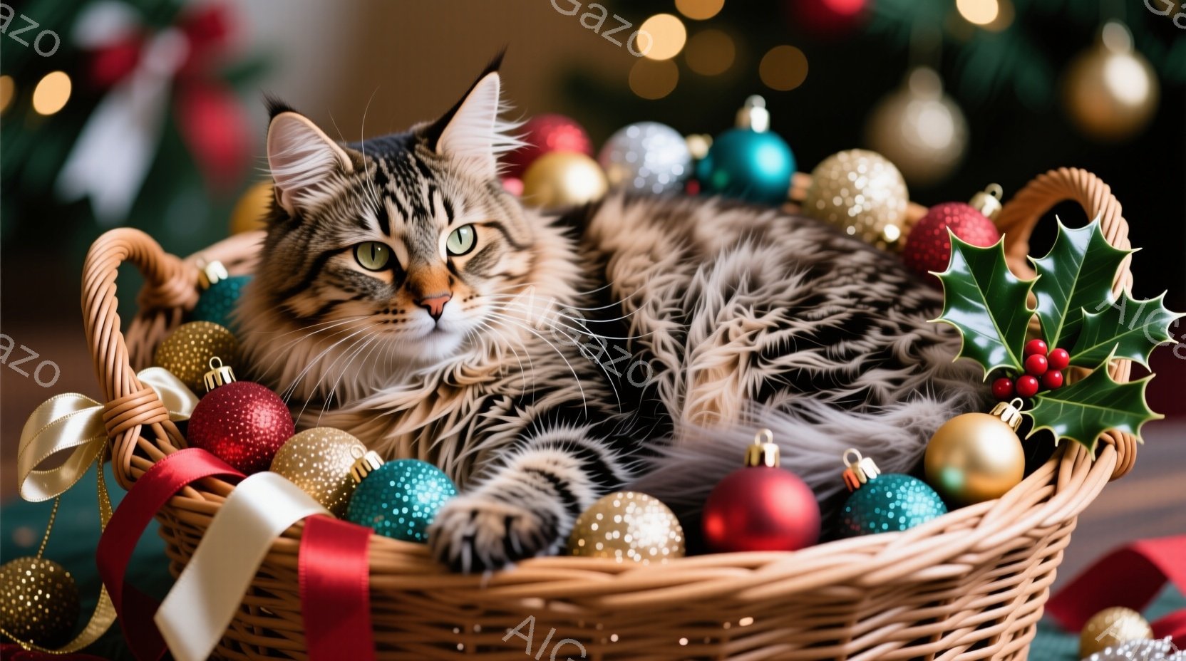 茶色の編みかごの中に、縞模様の猫がゆったりと横たわっています。猫はリラックスした表情で、緑色の瞳が光っています。かごの中には、赤、金、水色のクリスマスオーナメントや赤い実のついた葉が散りばめられており、背景にはぼやけたクリスマスツリーの光が温かい雰囲気を醸し出しています。