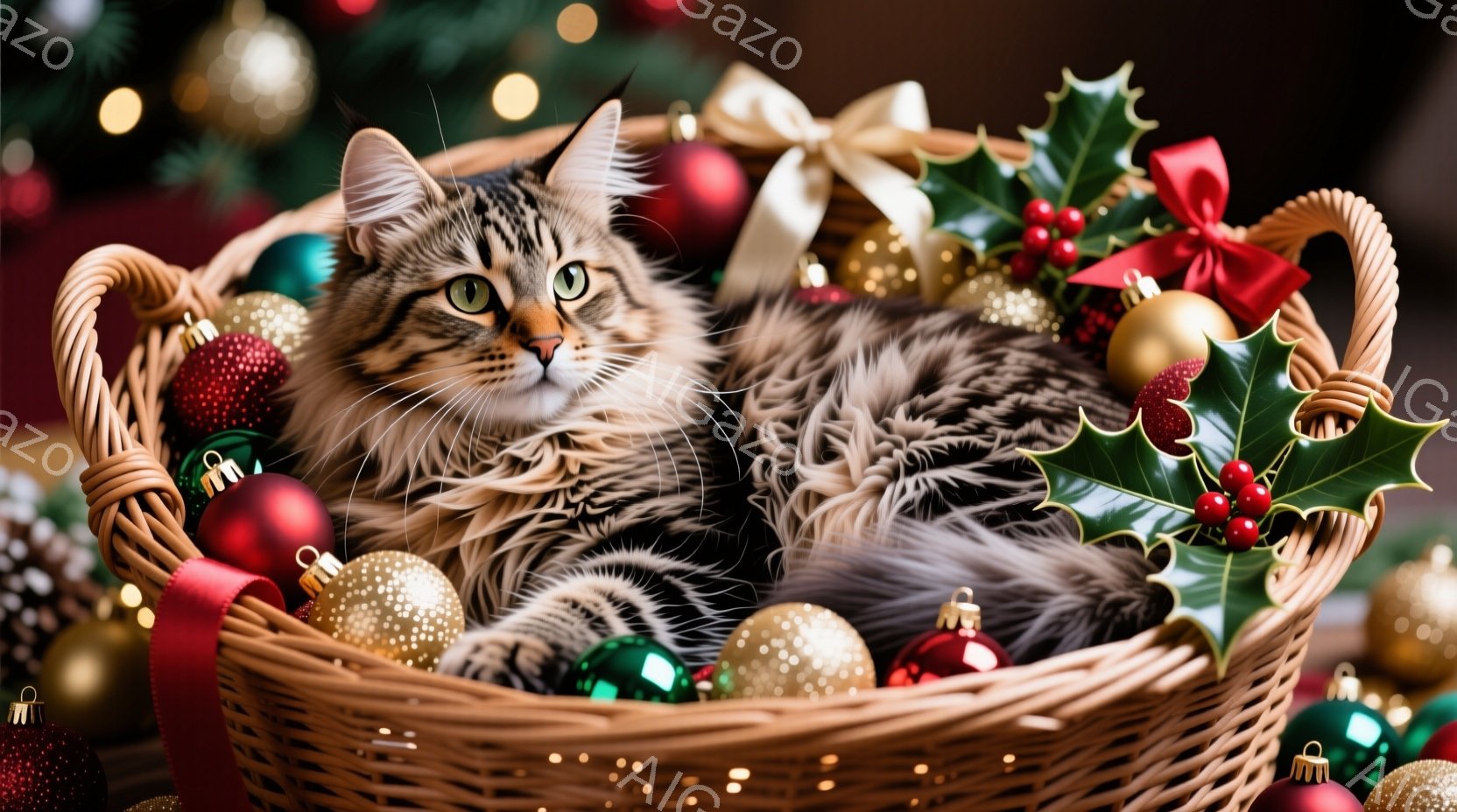 縞模様の猫が、クリスマスオーナメントと飾りがたくさん入ったバスケットの中に横たわっています。猫はリラックスした表情で、緑色の目を輝かせ、毛並みはふさふさとしています。背景には、ぼやけたクリスマスツリー - AI生成フリー素材
