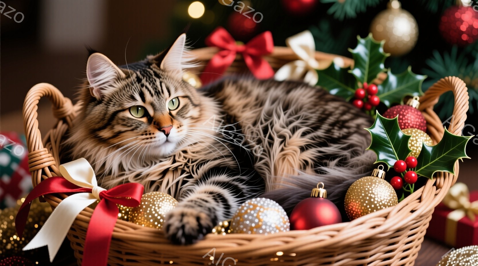 籠の中に縞模様の猫が横たわっており、リボンとクリスマスオーナメントに囲まれています。猫は緑色の目をしており、リラックスした表情でカメラを見つめています。背景にはぼやけたクリスマスツリーと金色の輝きがあり、全体的に温かく、お祝いの雰囲気です。