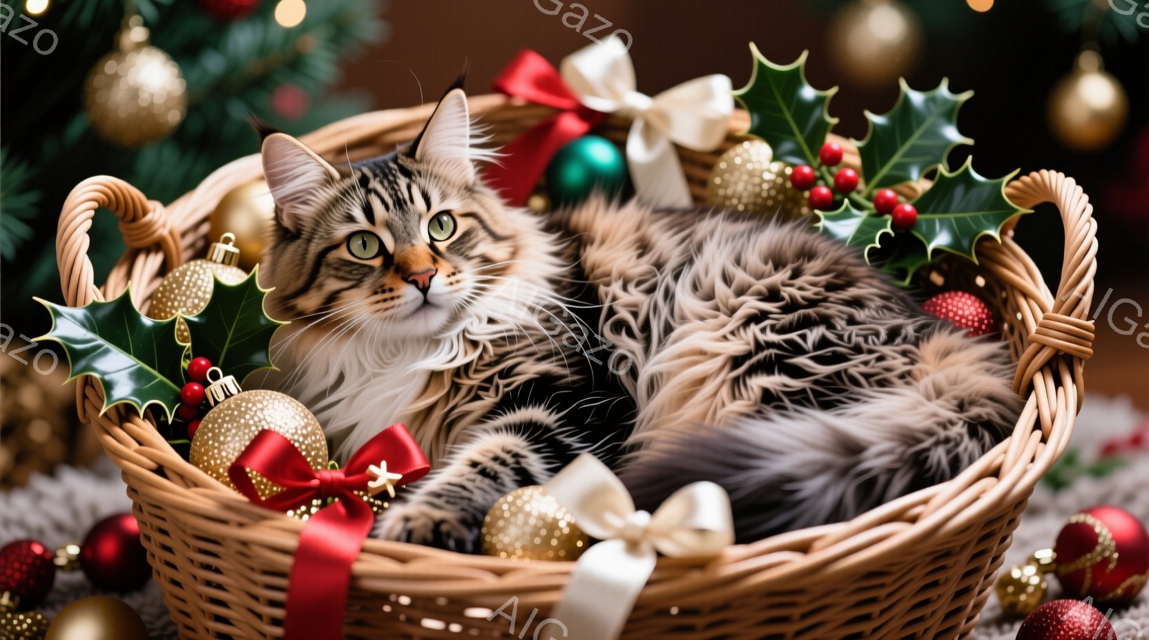 縞模様の猫が、クリスマスオーナメントで飾られたバスケットの中にゆったりと横たわっています。猫は緑色の目をしており、穏やかでリラックスした表情をしています。背景には、クリスマスツリーの緑と、金や赤のオー - AI生成フリー素材