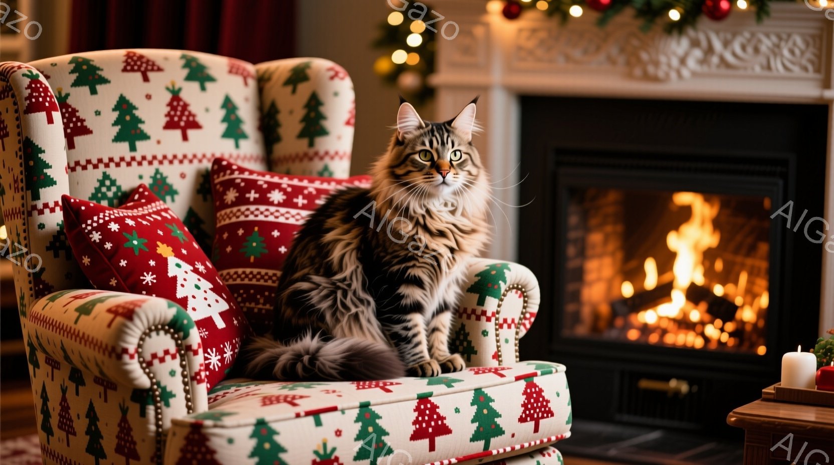 長毛の猫がクリスマスの模様が施された肘掛け椅子に座っています。暖炉の火が暖かく照らし、背景にはキャンドルやクリスマスデコレーションが見え、冬の暖かい雰囲気が漂っています。猫はリラックスした姿勢で、穏や - AI生成フリー素材