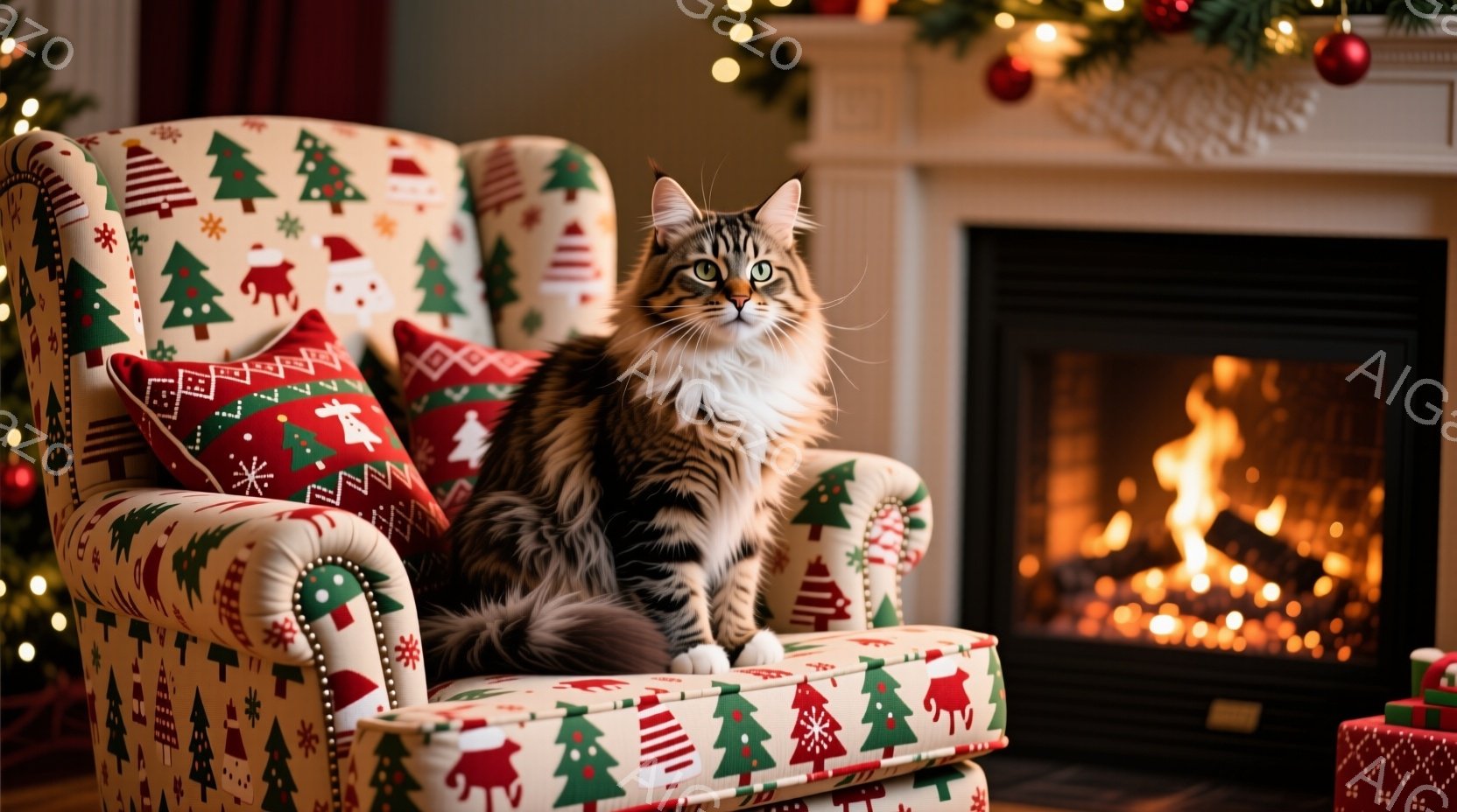クリスマス柄の肘掛け椅子に、毛並みの美しい茶色のトラ猫が座っています。猫は正面を見据え、少し驚いたような、または好奇心旺盛な表情をしています。背景には暖炉があり、炎が燃え盛り、クリスマスの装飾が施された室内は温かく、お祝いムードに包まれています。