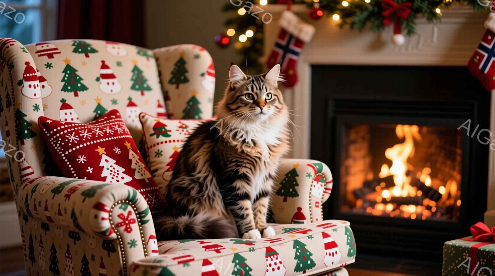 クリーム色のクリスマス柄の肘掛け椅子に、縞模様の猫が優雅に座っています。猫は前足を揃え、落ち着いた表情でこちらを見つめており、その毛並みは光沢があり美しいです。背景には暖炉があり、炎が燃え盛り、クリス - AI生成フリー素材