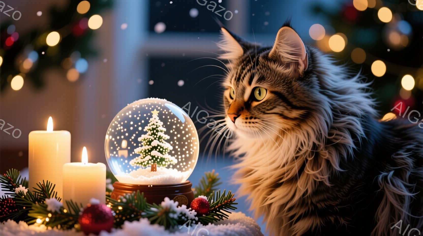 長毛の猫が雪景色を閉じ込めたグラスのオーナメントの隣に座り、好奇心を持って見つめている。背景には、ぼやけたクリスマスツリーの光と、白い装飾、キャンドルが配置され、穏やかで温かい雰囲気を醸し出している。 - AI生成フリー素材