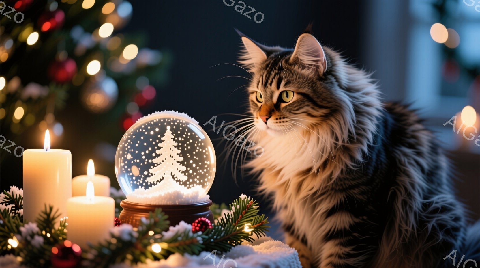 長毛の縞模様の猫が、雪の結晶が舞うガラス製のスノーグローブをじっと見つめています。猫の周りには、点灯したキャンドルや装飾が置かれ、白い布の上に配置されています。背景にはぼやけたクリスマスツリーの光が輝 - AI生成フリー素材