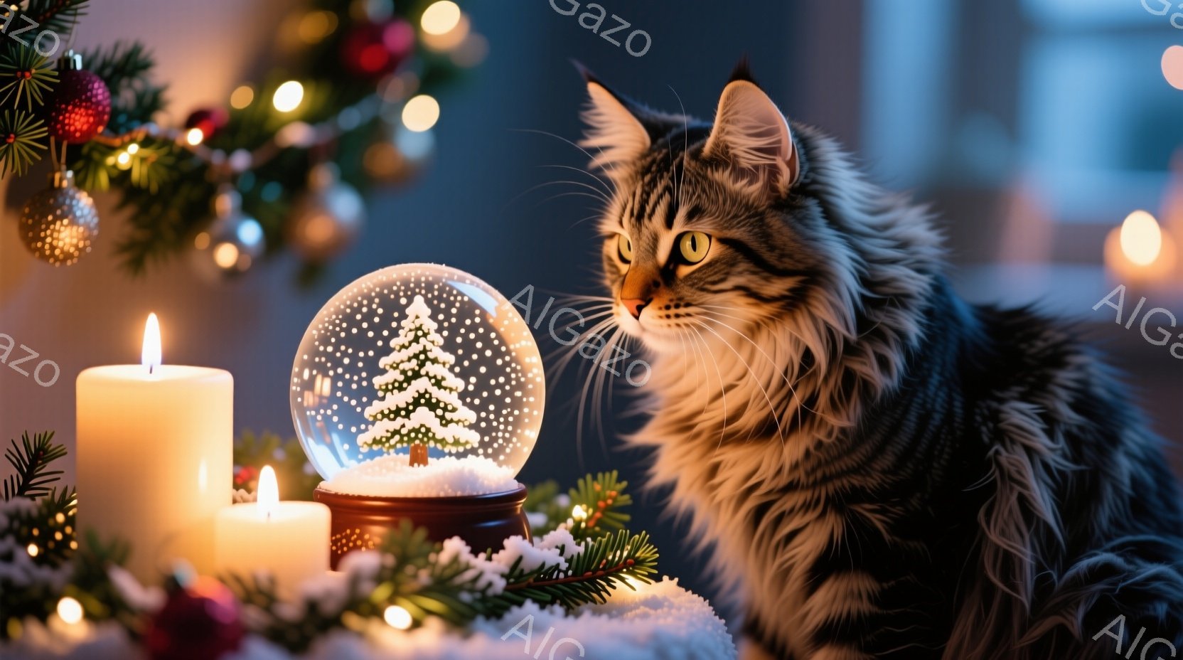 長毛の灰色と茶色の猫が、雪が降るクリスマスの置物と灯りの灯ったキャンドルを背景に、興味深そうに何かを見つめている。背景にはクリスマスツリーの飾りとぼやけた光があり、雪が敷かれた台の上に置物が並んでいる - AI生成フリー素材