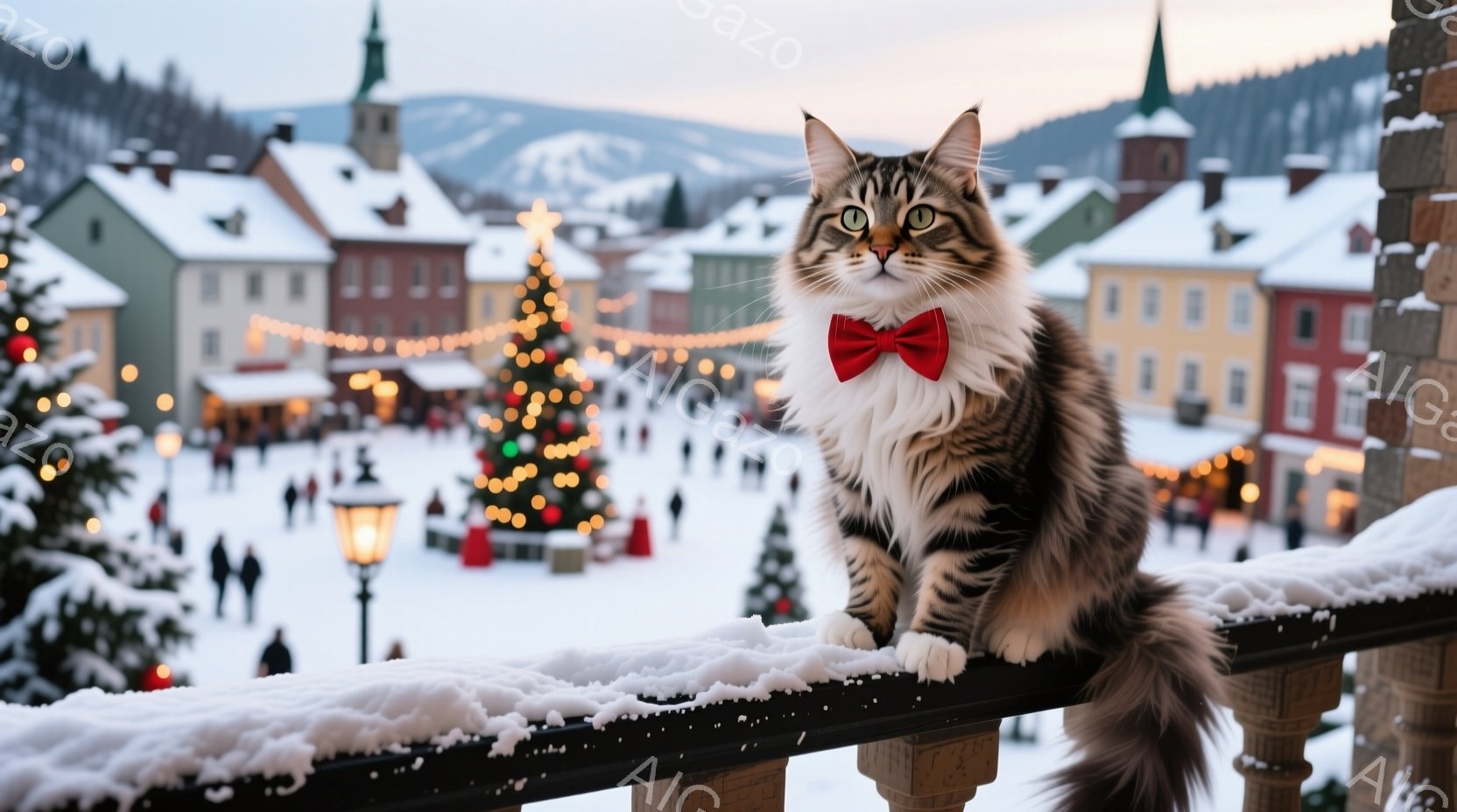 白と茶色の縞模様の猫が、クリスマスの飾り付けがされた町を見下ろす手すりに座っています。猫は赤い蝶ネクタイをつけており、鋭い眼差しで正面を見ています。背景には雪に覆われた建物、灯り、遠くの山々が見え、冬の穏やかで祝祭的な雰囲気が漂っています。