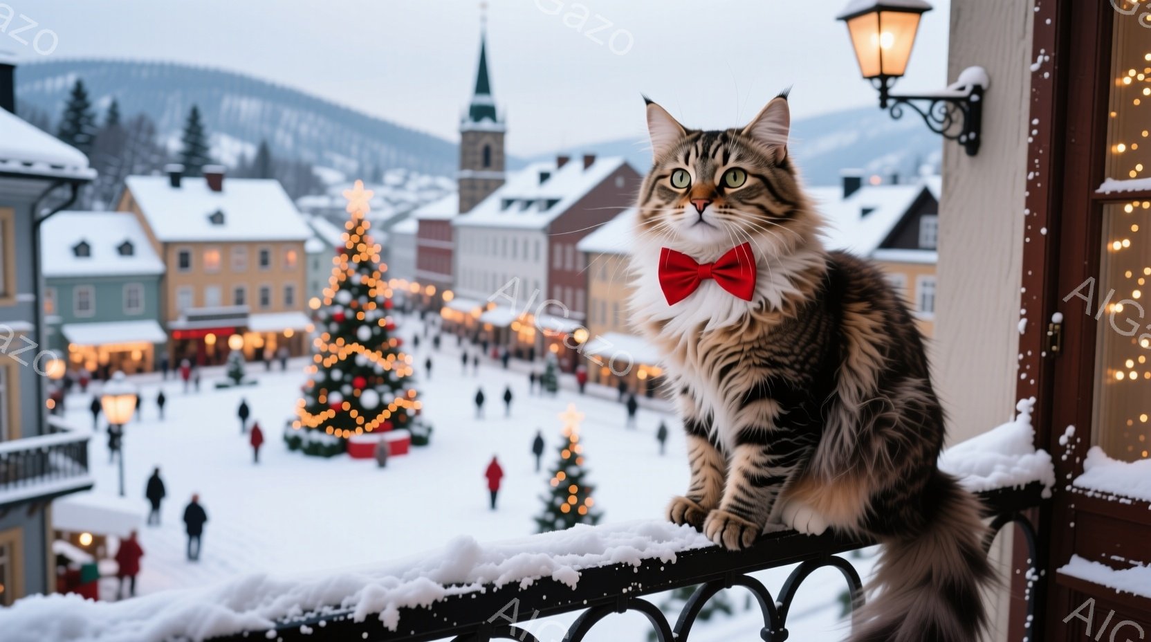雪に覆われた街並みを背景に、茶トラの猫がバルコニーの手すりに座っています。赤い蝶ネクタイをつけ、自信に満ちた表情で遠くを見つめています。背景にはクリスマスツリーが飾られた賑やかな広場があり、冬の暖かく - AI生成フリー素材