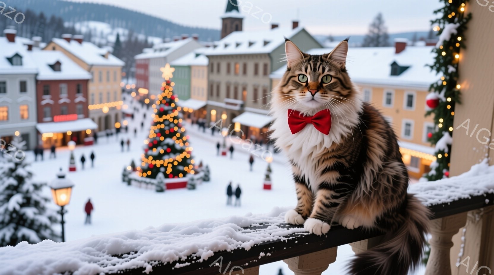 長毛の縞模様の猫が、柔らかそうな灰色のソファにゆったりと横たわっている。猫はリラックスした表情で、少し上を見ている。背景には、温かい光を放つ電飾があり、居心地の良い雰囲気を醸し出している。 - AI生成フリー素材