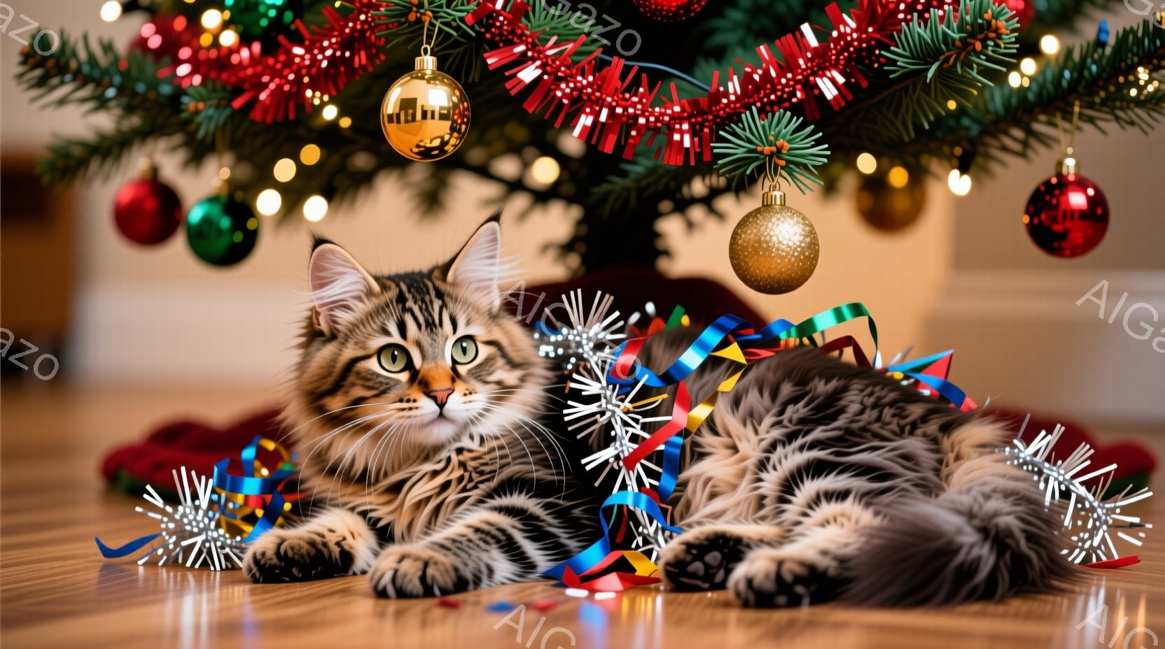 縞模様の猫がクリスマスツリーの下に横たわっており、赤いベルベットのような布と銀色のキラキラした飾りと一緒に写っています。猫はリラックスした表情で、カメラの方を見ており、背景には緑豊かなクリスマスツリー - AI生成フリー素材