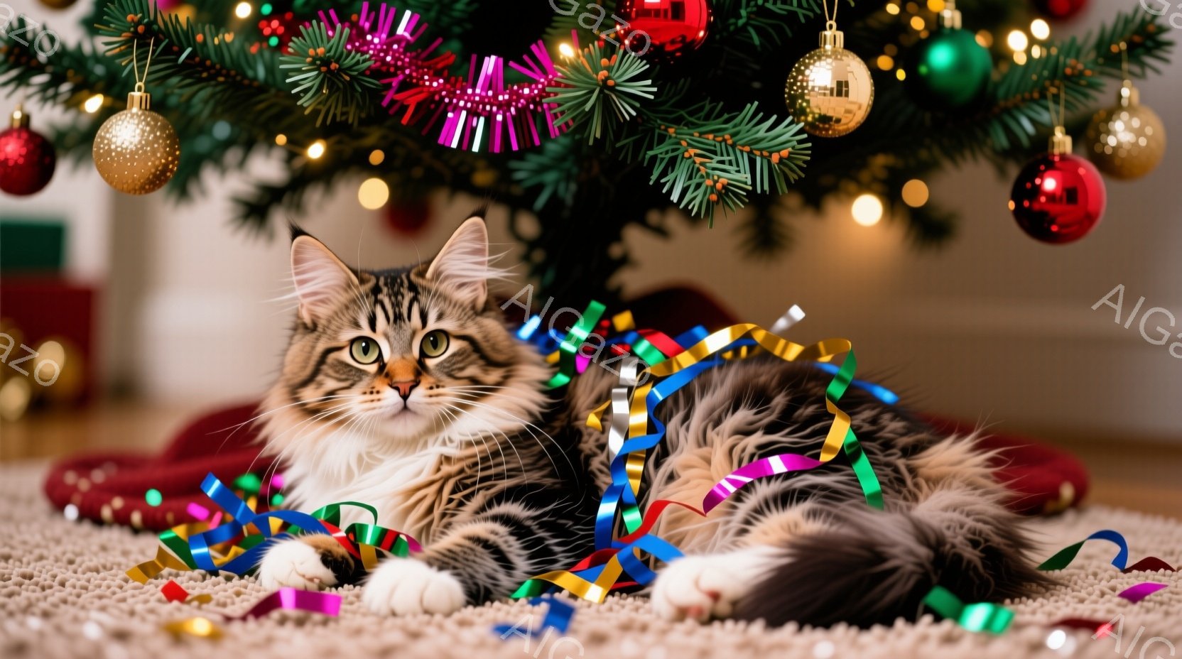 長毛の茶トラ猫が、クリスマスツリーの足元にあるカーペットの上でくつろいでいます。猫は白くふちどりが入った足が特徴的で、緑色の瞳が印象的です。ツリーはオーナメントとキラキラした電飾で飾られ、猫の周りにはカラフルなリボンが散らばり、暖かくお祝いの雰囲気を作り出しています。