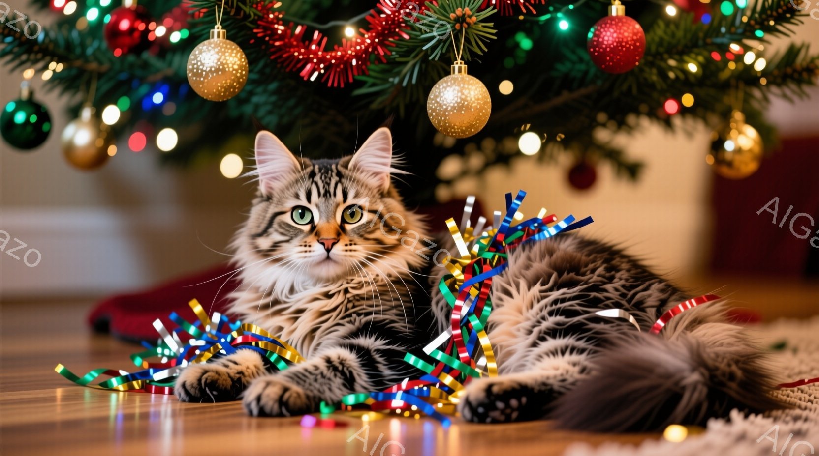 灰色の縞模様の猫が、クリスマスツリーの下の床に横たわっており、カラフルなリボンが猫の周りに散らばっています。 猫はリラックスした表情で、正面を見ており、毛並みが柔らかく、光沢があります。 背景には緑豊 - AI生成フリー素材