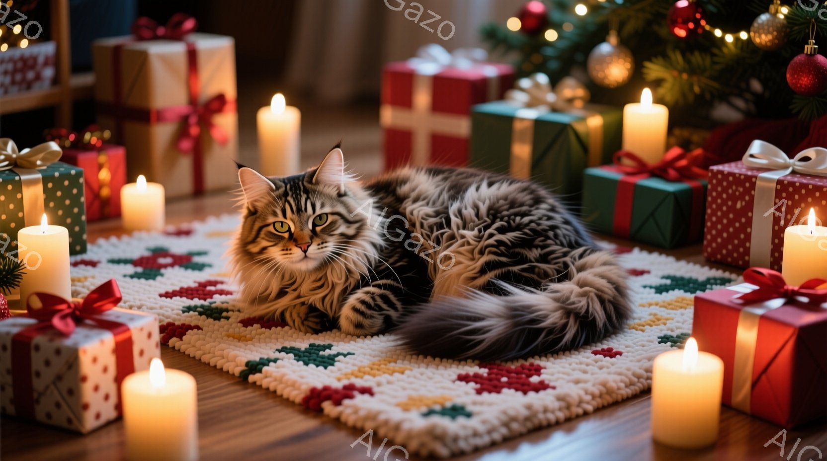 茶色と黒の縞模様の長い毛並みの猫が、雪が降り積もった赤い木の壁のそばに立っている。猫は上を見上げており、雪片が降り注ぐ冬の風景を見つめているように見える。壁には、赤いリボンと金色の飾りで飾られたクリス - AI生成フリー素材