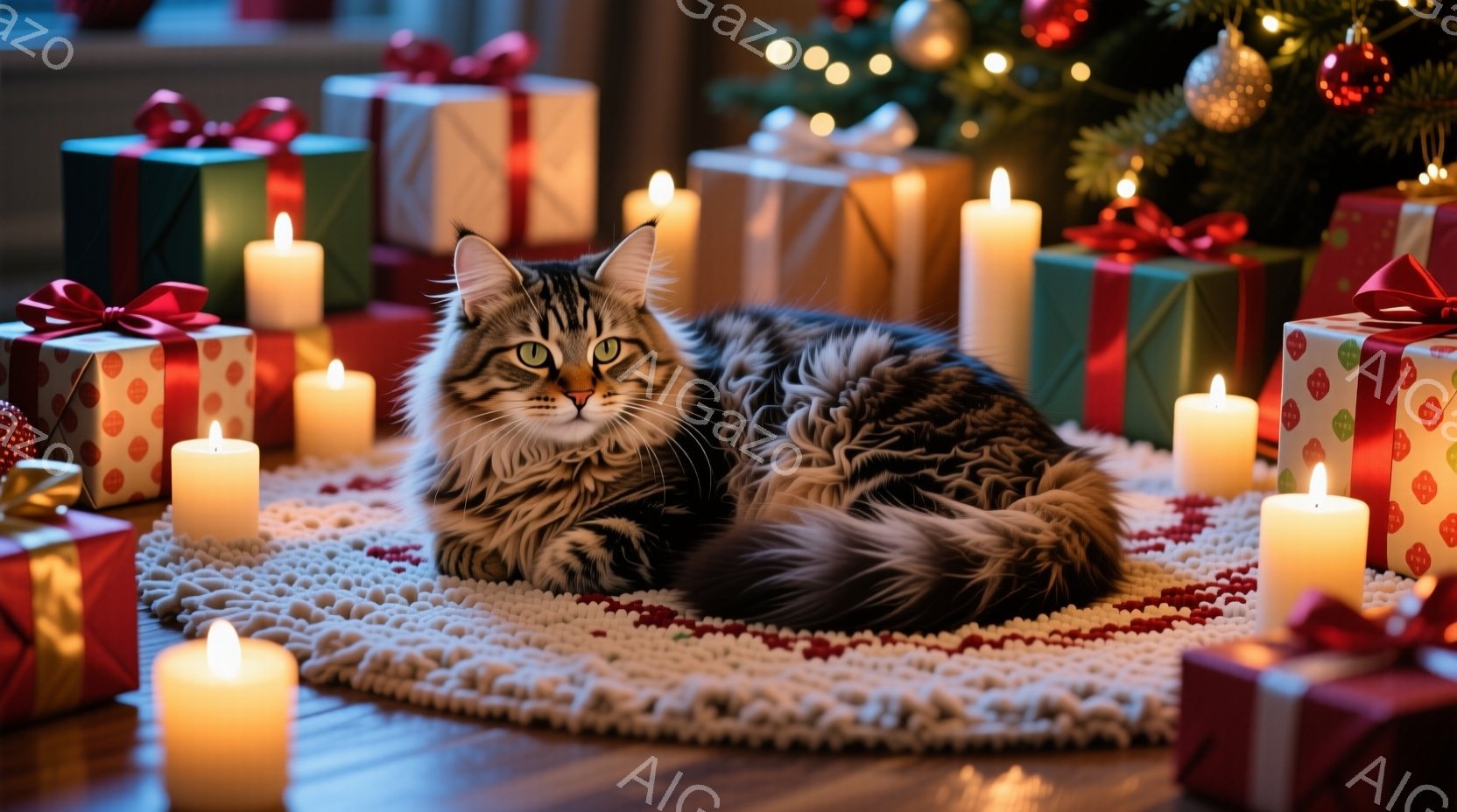 長毛の縞模様の猫が、白い円形の敷物の上で丸まってリラックスしています。周囲にはクリスマスプレゼントの山と、点灯したキャンドルが置かれ、暖かく居心地の良い雰囲気を醸し出しています。背景にはぼんやりとクリ - AI生成フリー素材