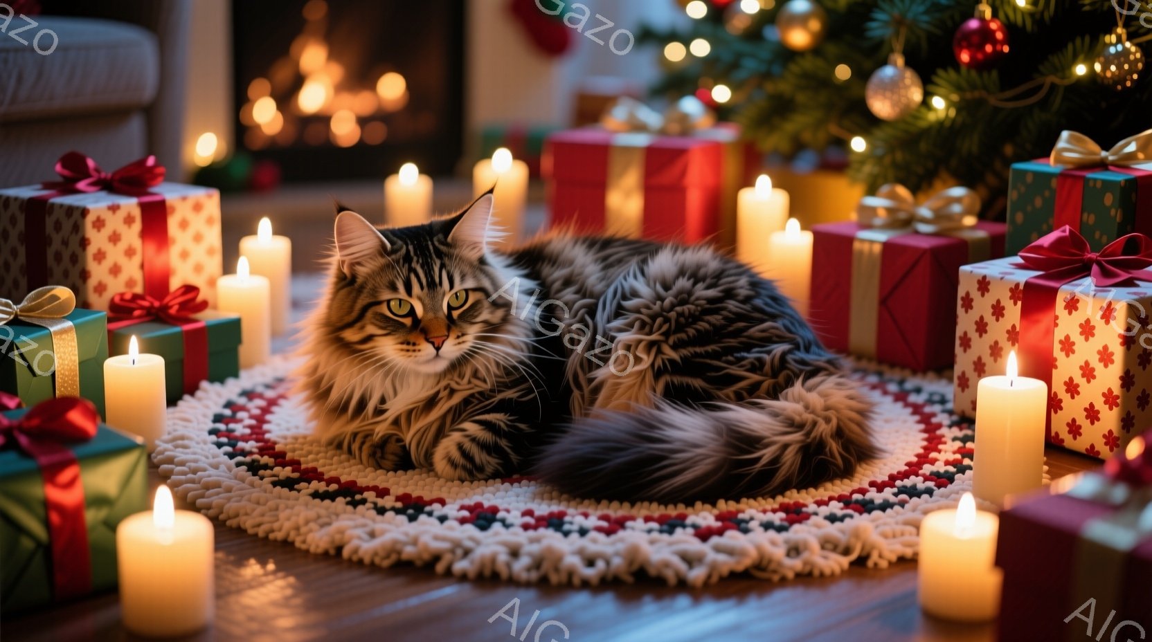 長毛の猫が丸いラグの上に丸まって横たわっており、背景にはクリスマスプレゼントの山と点灯したキャンドルが並んでいる。猫は緑色の瞳でカメラを見つめ、リラックスした表情をしている。暖炉の火とキラキラ光るクリスマスツリーが、暖かく居心地の良いクリスマスの雰囲気を醸し出している。