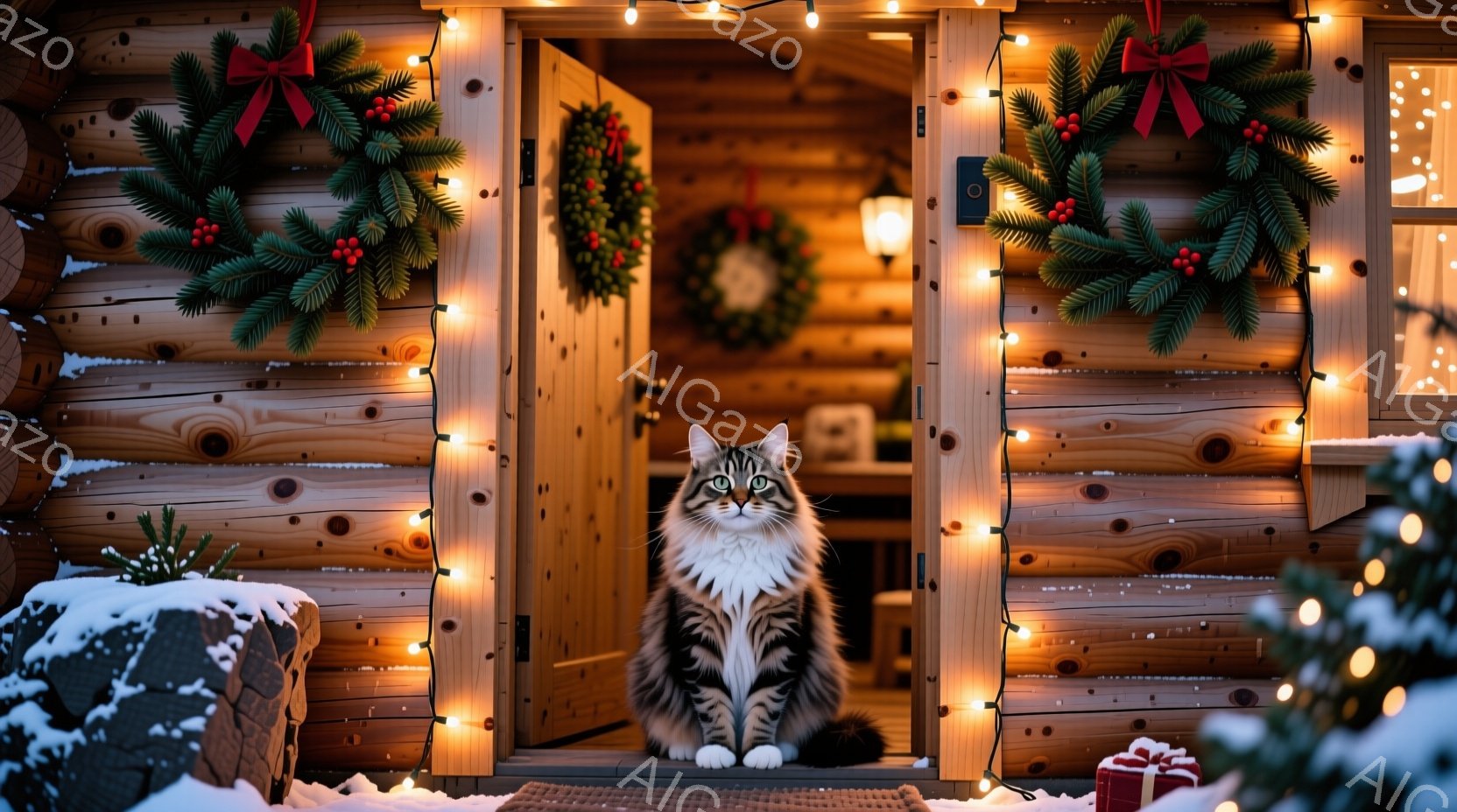 長毛の灰色の猫が、クリスマスの飾り付けがされた木の家の玄関に座っています。家の周りには雪が積もり、玄関にはクリスマスリースと電飾が飾られています。暖かく穏やかな雰囲気で、猫は落ち着いて座り、何かを見つ - AI生成フリー素材