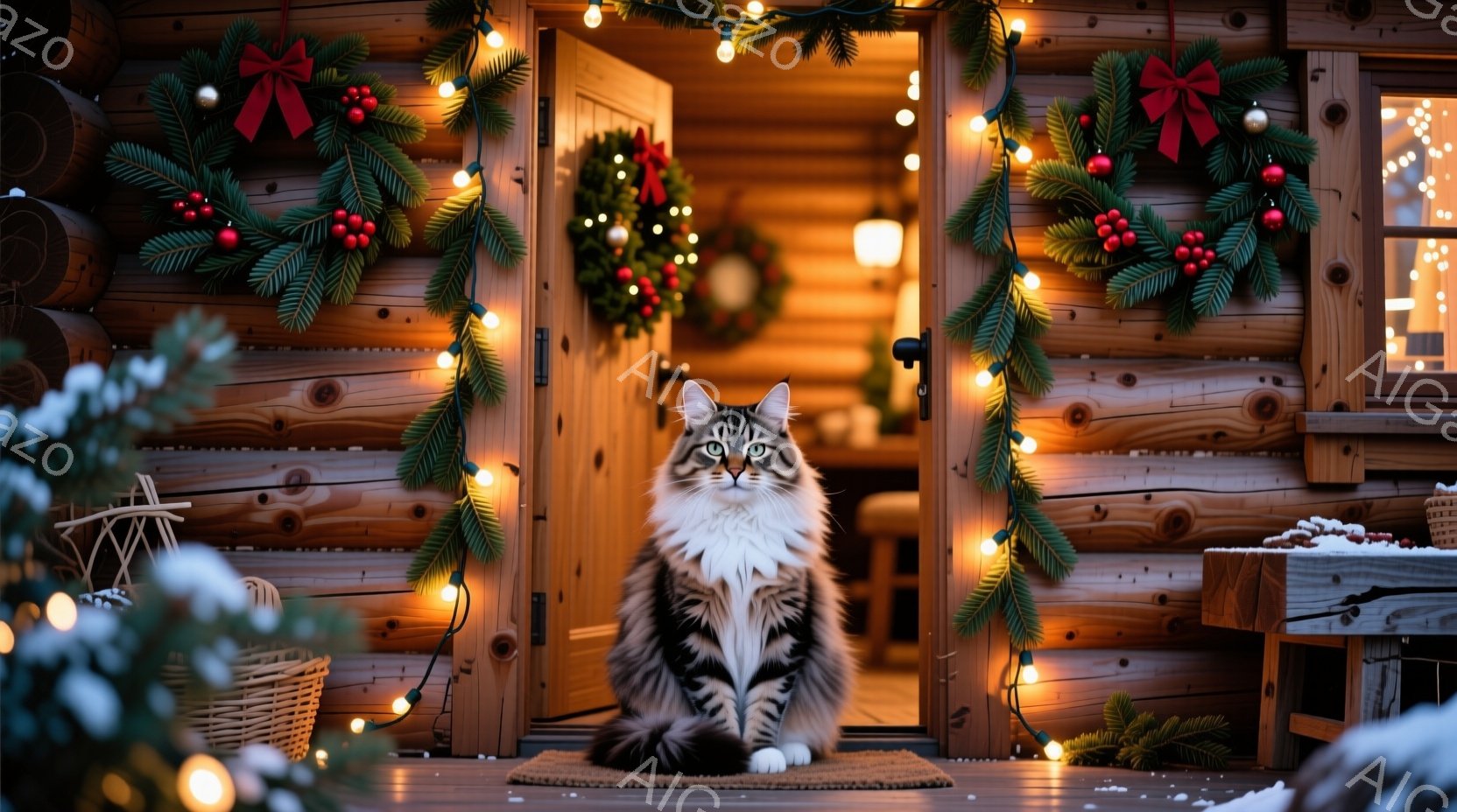 長毛の灰色と白い猫が、クリスマスの飾り付けがされた家の入り口でまっすぐ座って正面を見ています。背景には、クリスマスリース、電飾、木製の構造が映り、温かくお祝いムードの空間を表現しています。雪が少し積も - AI生成フリー素材