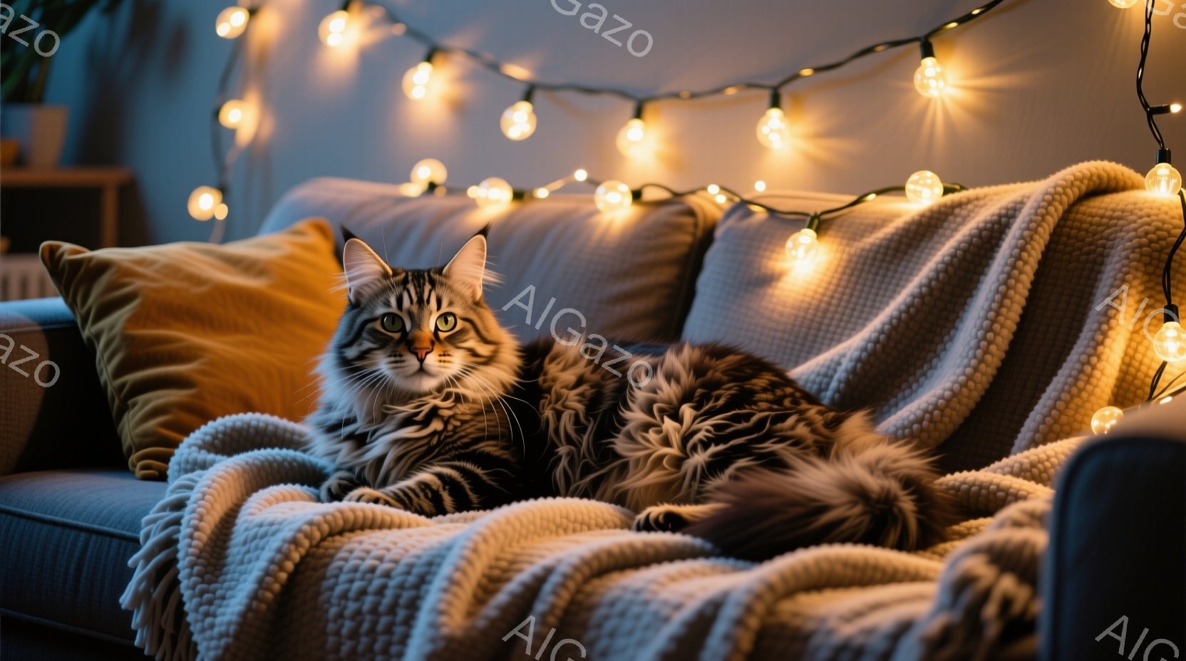 長毛の縞模様の猫が、青色のソファの上でリラックスして横たわっています。猫は前足を伸ばし、落ち着いた表情でカメラの方を見ており、柔らかい毛並みが印象的です。背景には、暖色のライトが飾られ、穏やかで居心地 - AI生成フリー素材