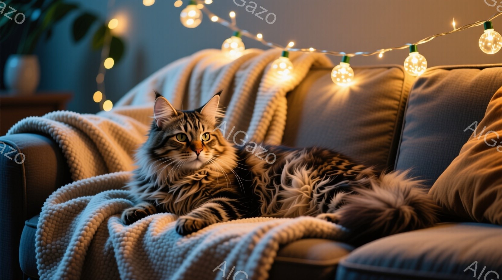 長毛の縞模様の猫が、柔らかそうなグレーのソファにゆったりと横たわっている。猫はリラックスした表情で、少し上を見つめている。背景には、温かい光を放つ電飾があり、穏やかで心地よい雰囲気を醸し出している。 - AI生成フリー素材
