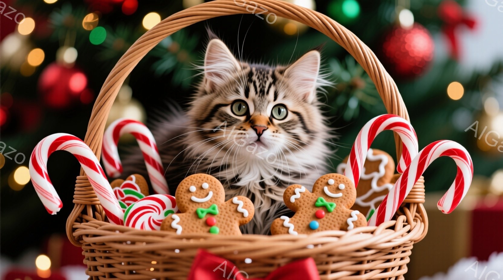 籠の中に、縞模様の可愛い子猫が丸まって座っています。籠の中には、キャンディケインやジンジャーブレッドクッキーが散りばめられ、クリスマスの雰囲気を盛り上げています。背景にはぼやけたクリスマスツリーの光が輝き、暖かく、お祝いムードに包まれています。
