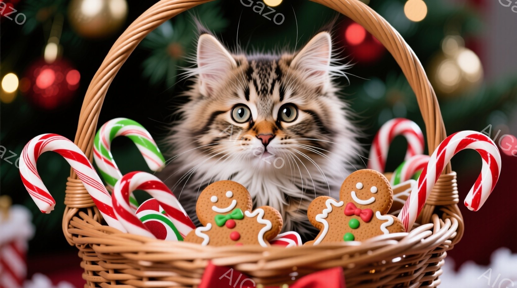 籠の中に子猫がおり、周りにはキャンディケーンとジンジャーブレッドクッキーが置かれています。子猫は毛並みが美しく、大きな瞳でカメラを見つめており、少し警戒しながらも好奇心旺盛な表情をしています。背景には - AI生成フリー素材