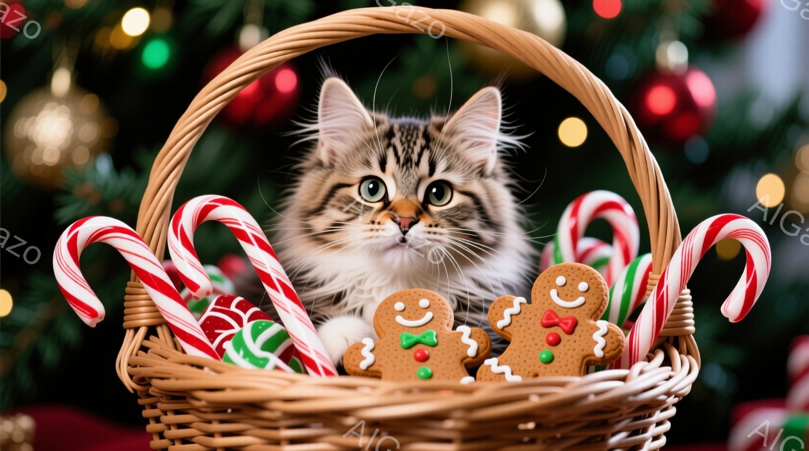 あたたかい色合いのバスケットの中に、ふわふわの茶色の縞模様の猫が座っています。周りには、キャンディケーンやジンジャーブレッドマンのクッキーが置かれ、背景にはクリスマスツリーのぼやけた光が輝いています。 - AI生成フリー素材
