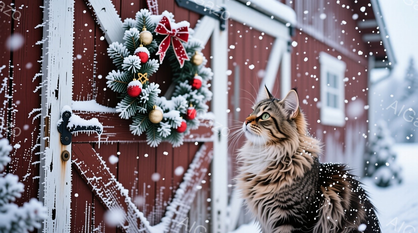 長毛の茶トラ猫が赤い木の壁に寄りかかり、何かを見上げています。背景にはクリスマスリースが飾られ、雪が降る冬の風景が広がっています。全体的に暖かく、穏やかなクリスマスの雰囲気が漂っています。 - AI生成フリー素材